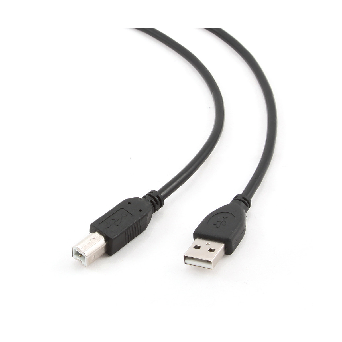 Un cavo USB nero con connettori standard A e B su sfondo bianco.