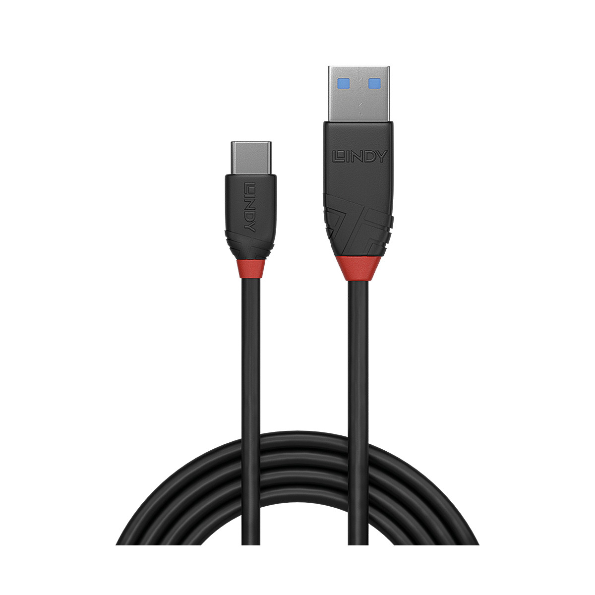 Câble Lindy USB-C vers USB-A noir avec accents rouges. Câble enroulé en bas.