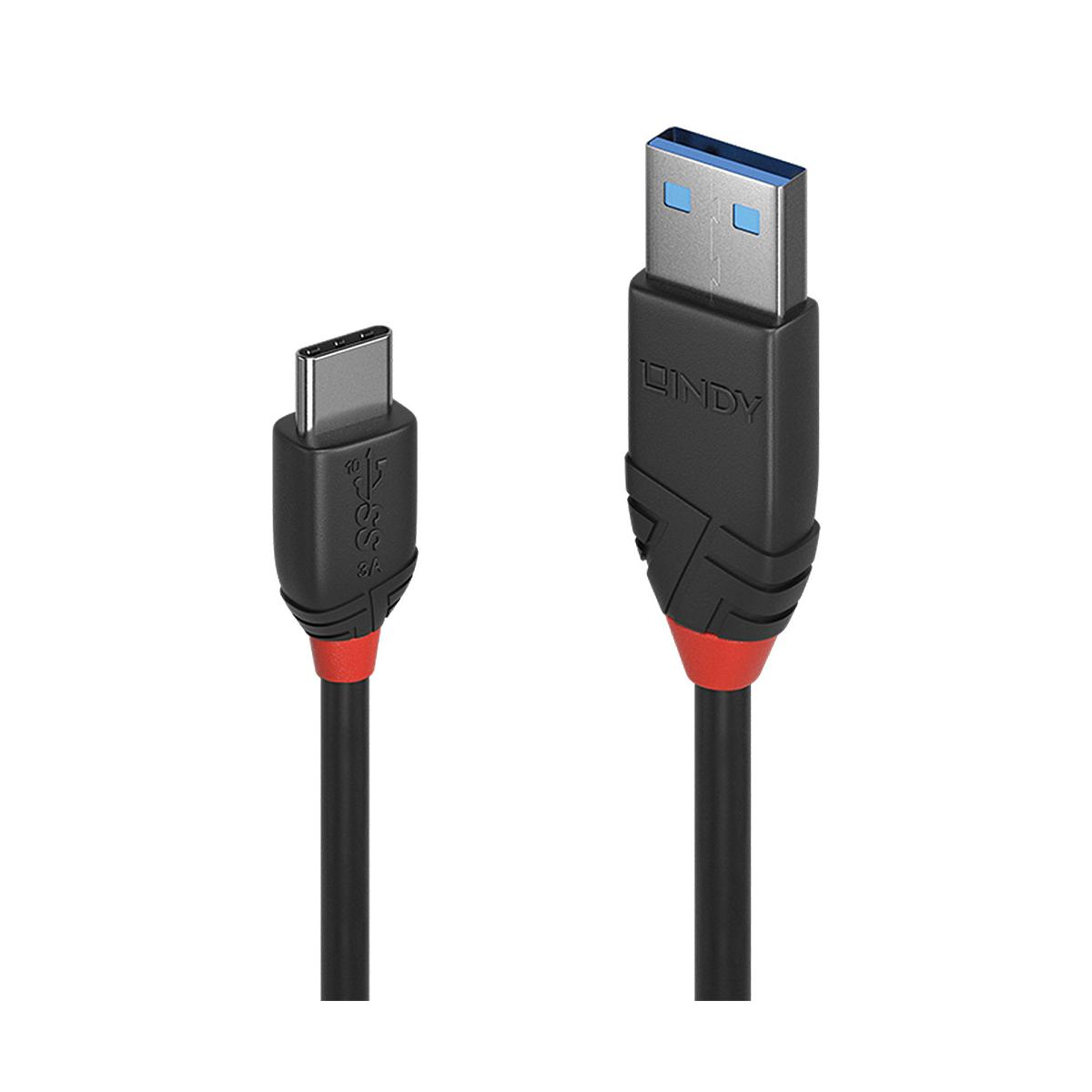 Un connecteur USB-C et un USB-A d'un câble noir avec des accents rouges.