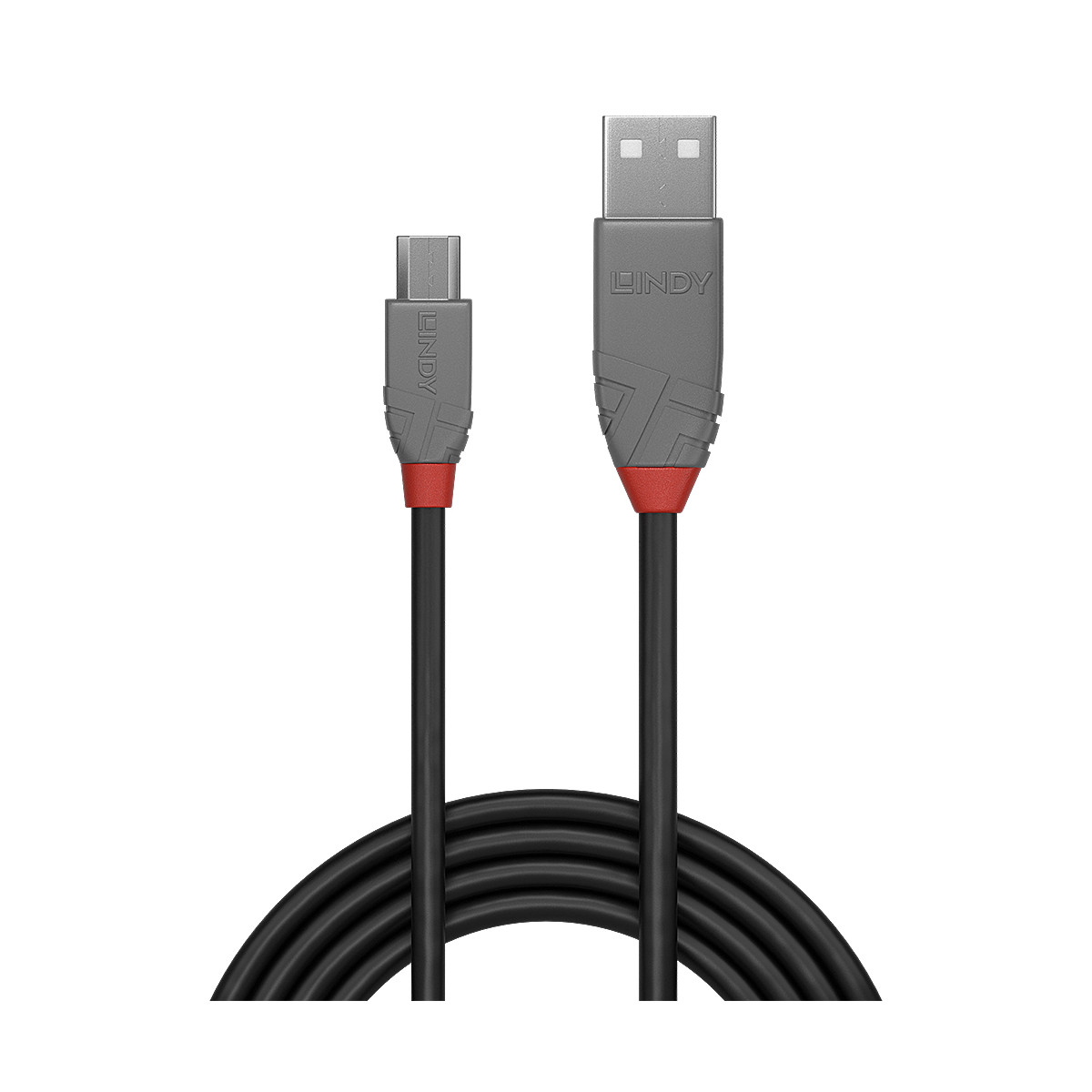 Câble USB noir avec boîtier gris et accent rouge, un connecteur est USB-A, l'autre est USB-C.