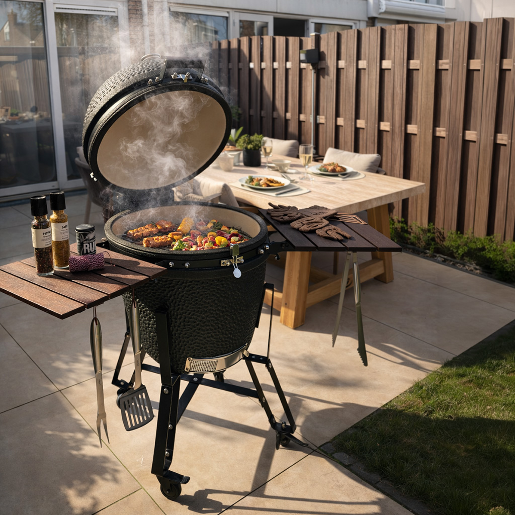 A black ceramic grill with food cooking, on a patio with a table set for dining.