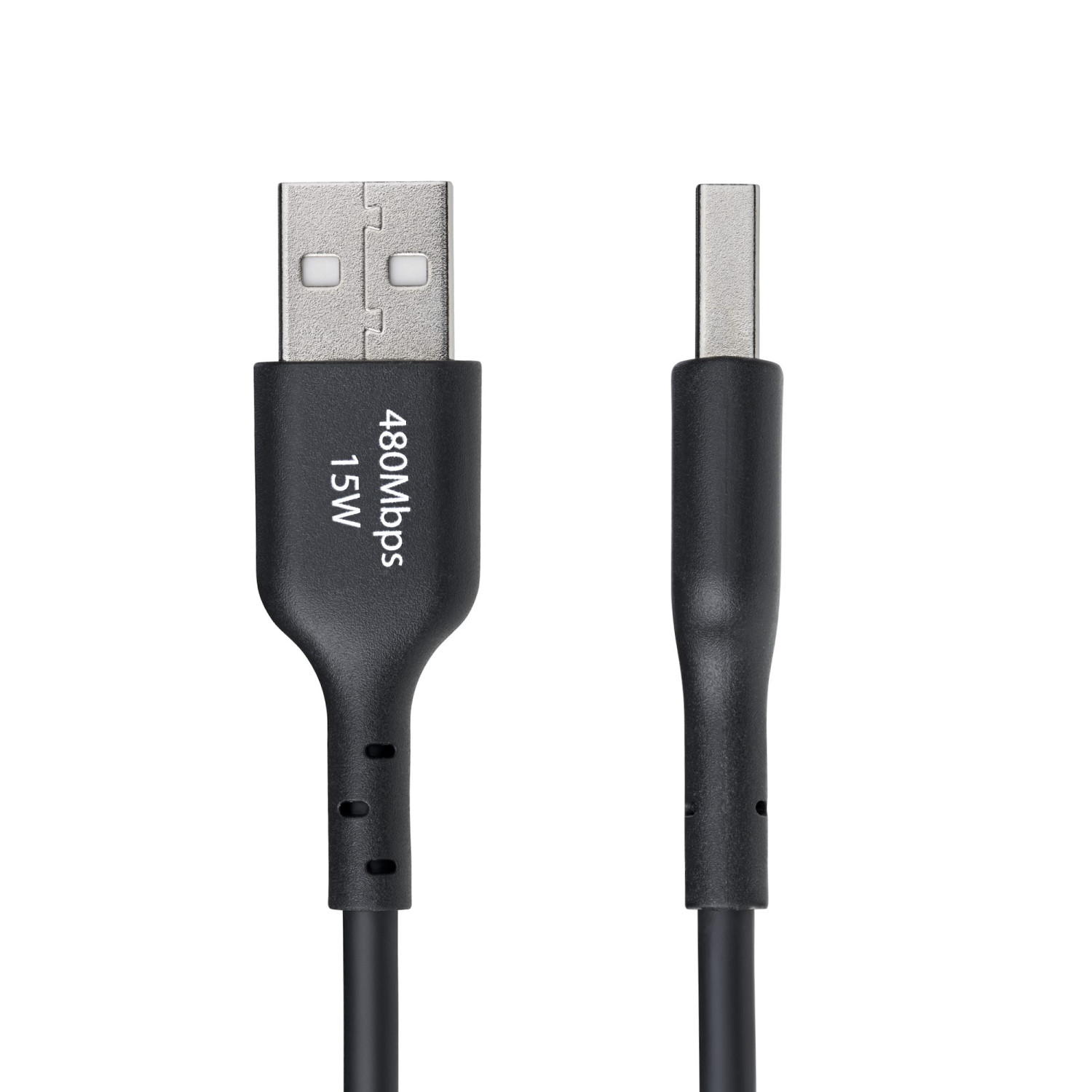 Schwarzes USB-C-Kabel mit silbernen Anschlüssen, auf weißem Hintergrund.