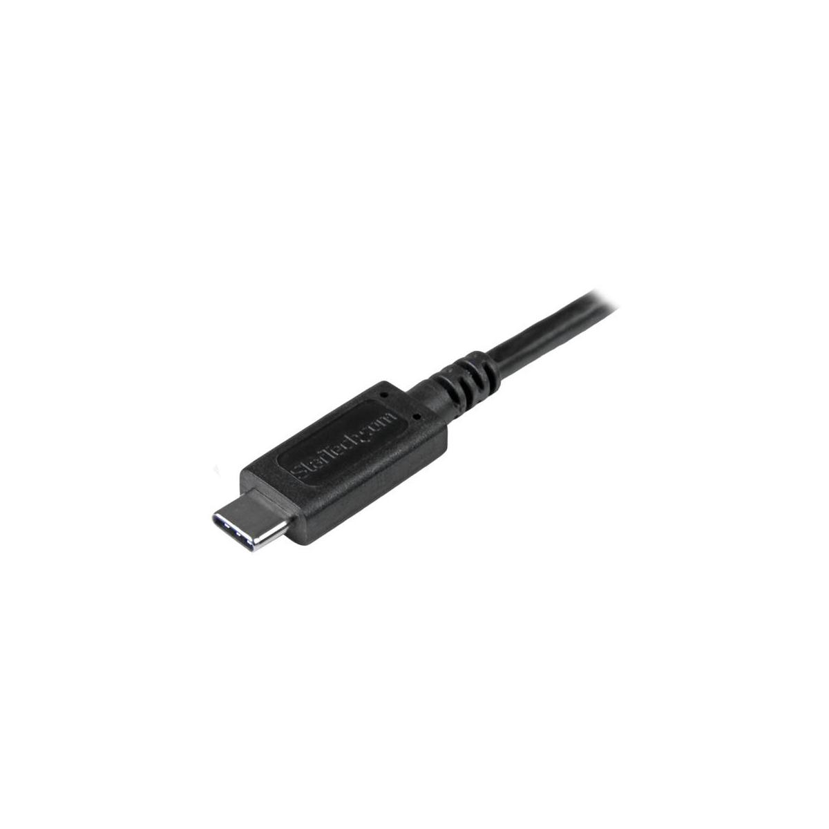 Een zwarte USB-C kabel met connector en StarTech.com logo.