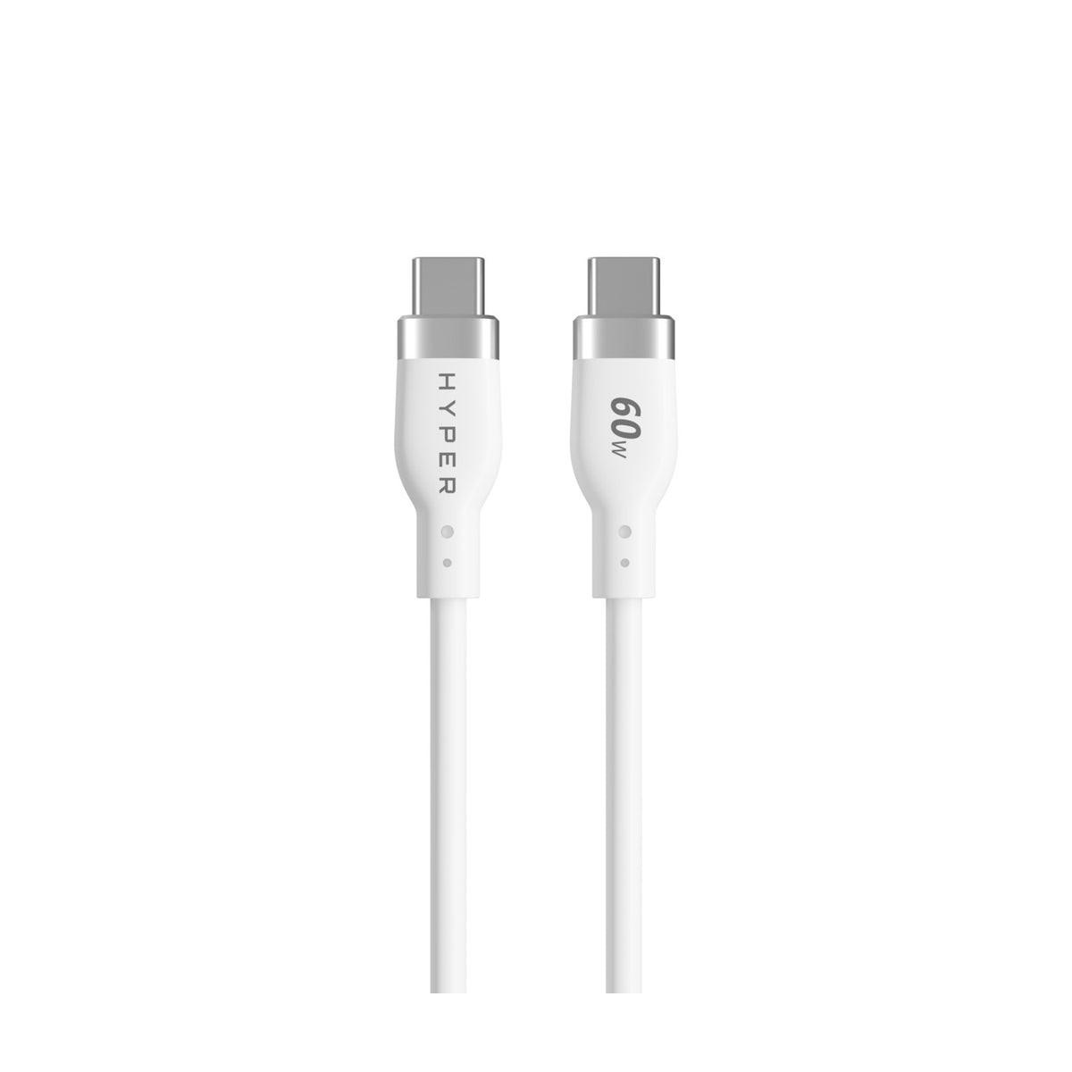 Due cavi USB-C bianchi con connettori argento, uno etichettato HYPER, l'altro 60W.