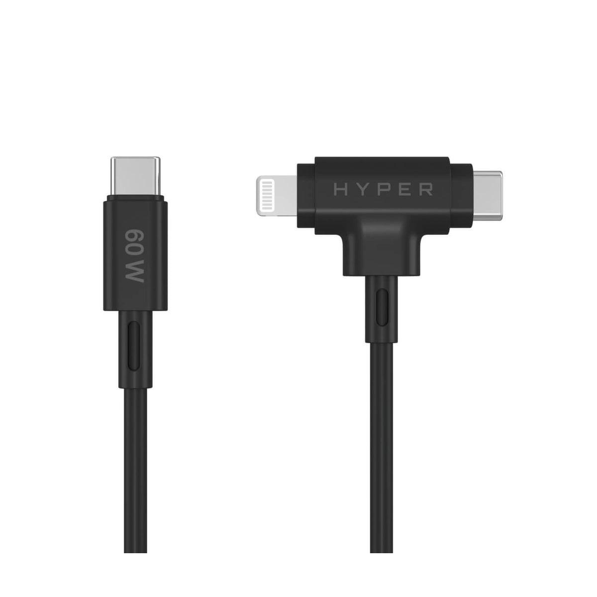 Two black charging cables with USB-C and Lightning connectors.