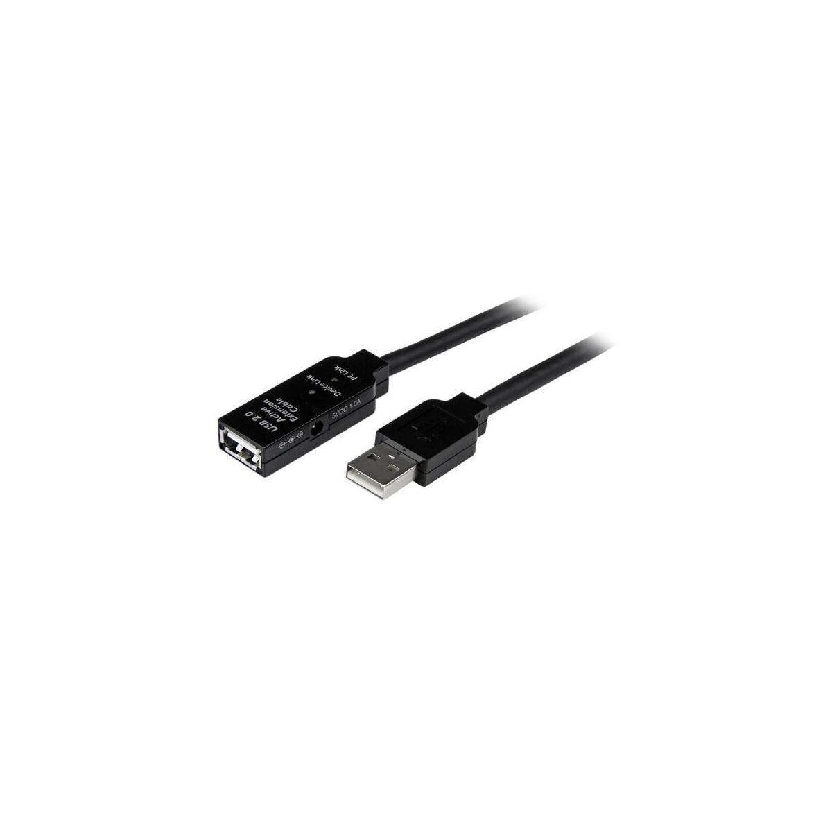 Zwarte USB 2.0 actieve verlengkabel met mannelijke en vrouwelijke connectoren.