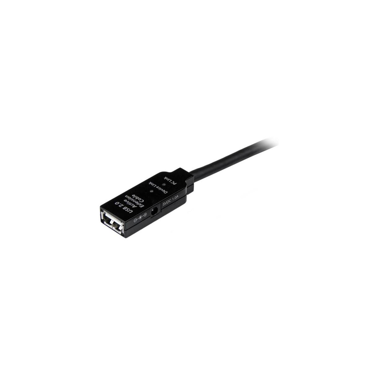 Een zwarte USB 2.0 actieve verlengkabel met labels.