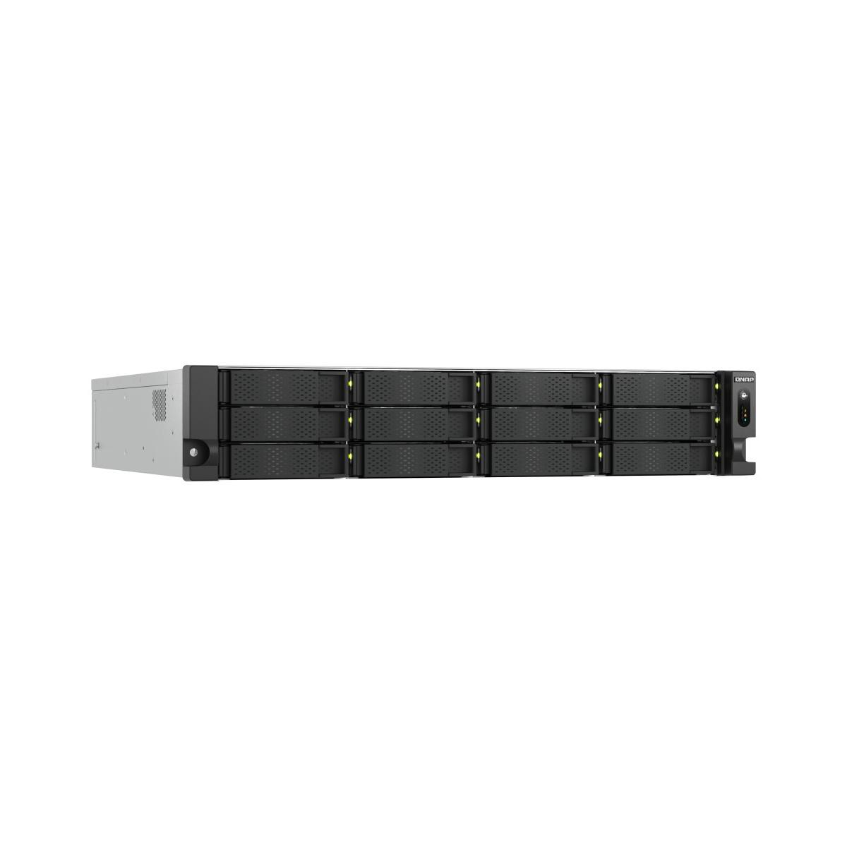 Un NAS QNAP negro en rack con 12 bahías, iluminado.