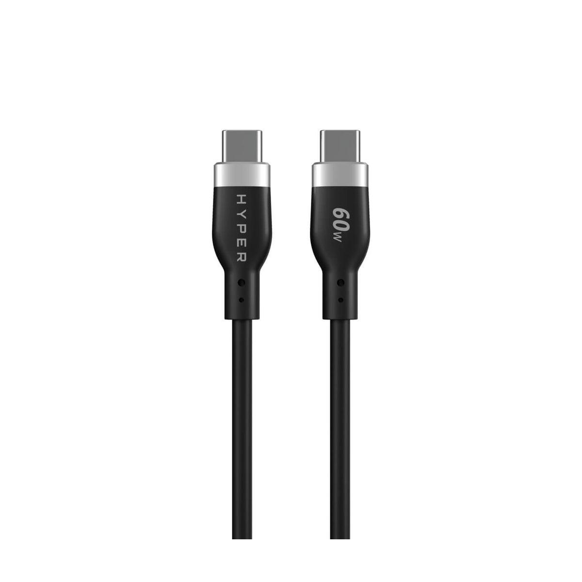 Due cavi USB-C neri con connettori argentati, uno etichettato HYPER, l'altro 60W.