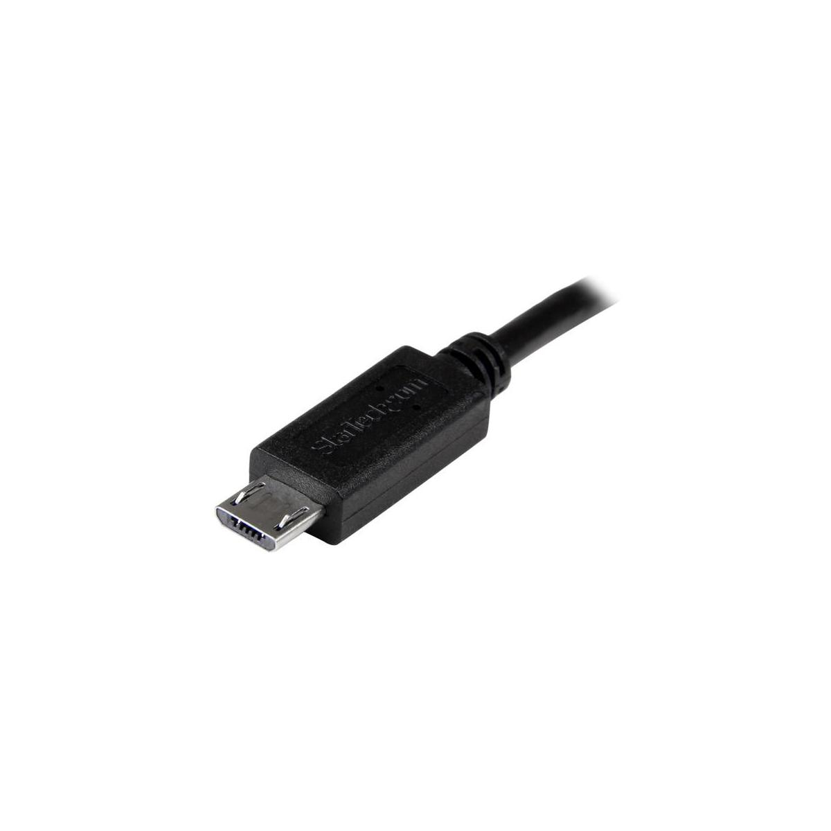 Un cavo USB nero con connettore Micro-USB e logo StarTech.com.