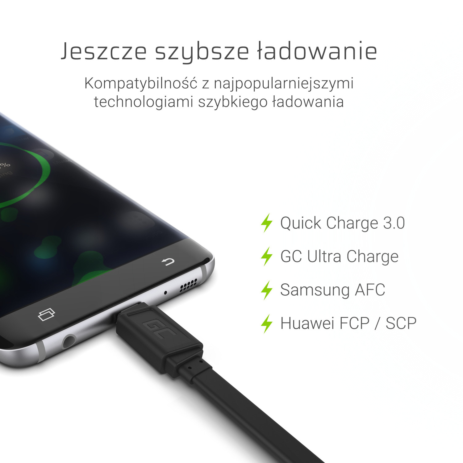 Un smartphone se está cargando con un cable negro. Se enumeran tecnologías de carga rápida.