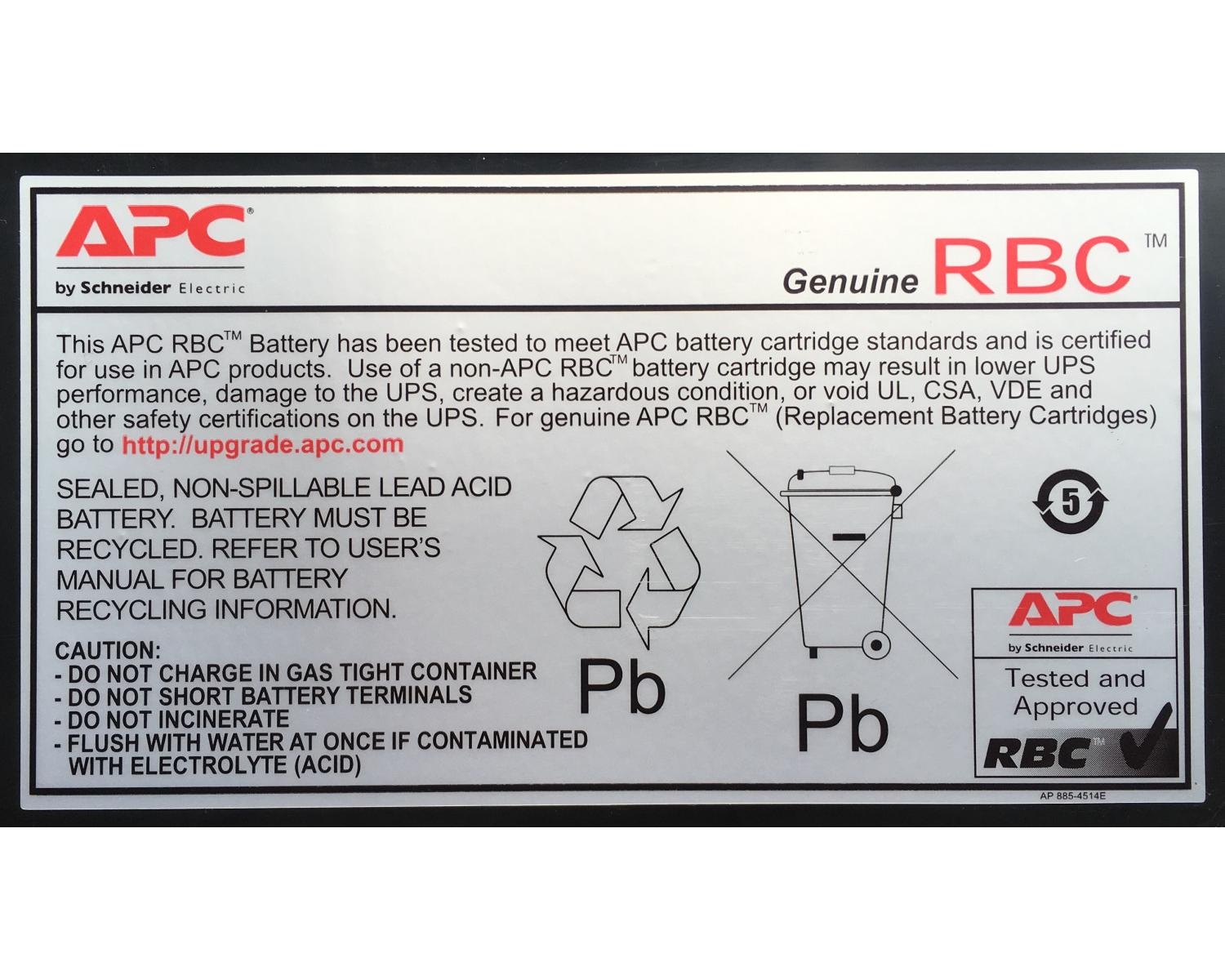 APC RBC Batterieetikett mit Warnhinweisen und Recycling-Informationen.