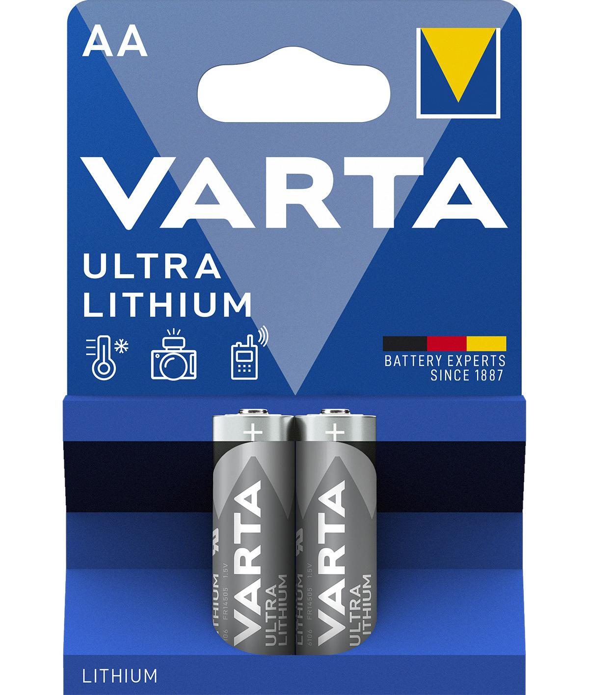 Two Varta Ultra Lithium AA batteries on a blue background.