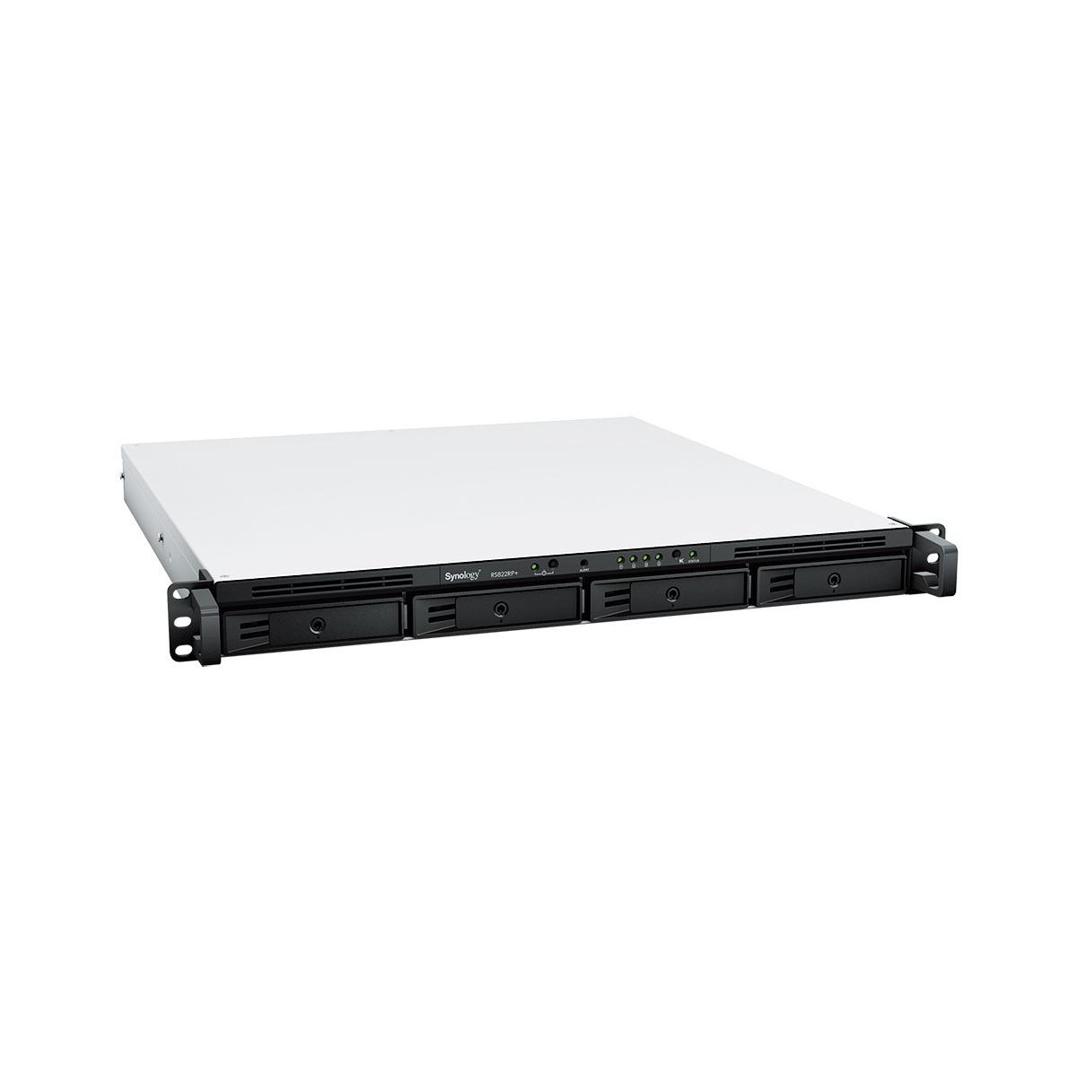 Ein schwarzer Synology Rackmount-Server mit vier Laufwerksschächten und Lämpchen.