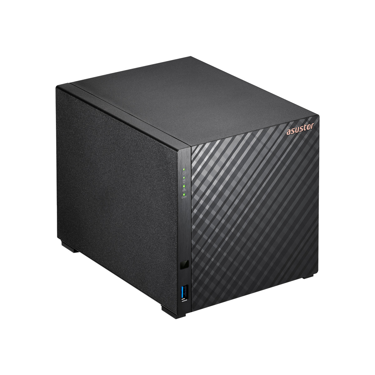 Un NAS nero con motivo diagonale e LED.