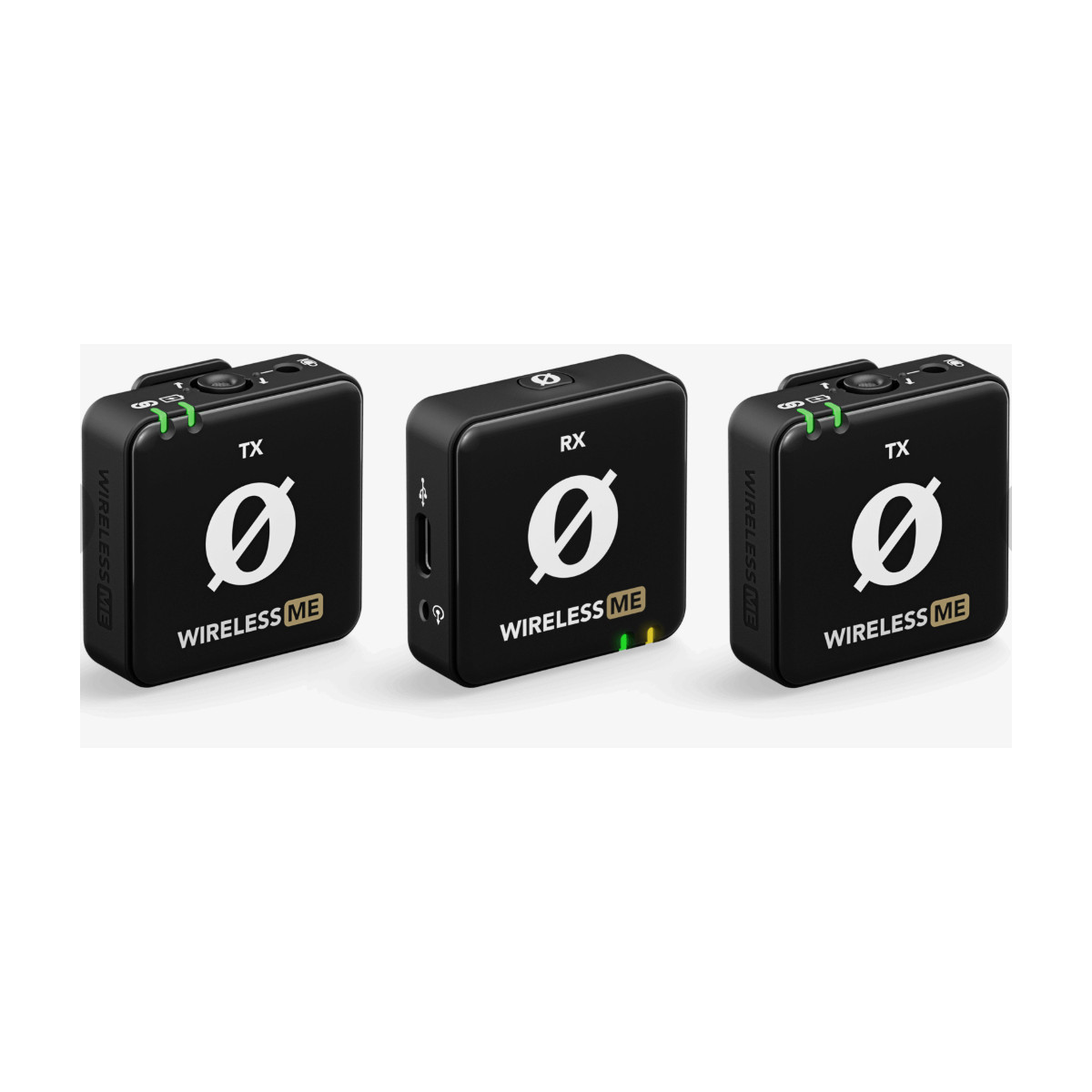 Tre dispositivi wireless neri e quadrati con loghi bianchi e luci verdi o gialle.