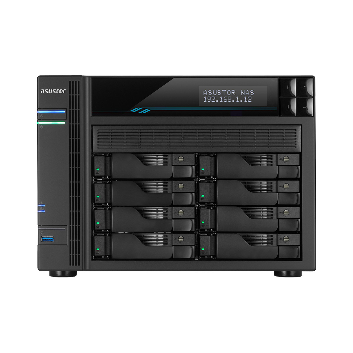 Un dispositivo NAS ASUSTOR nero con otto alloggiamenti e display.