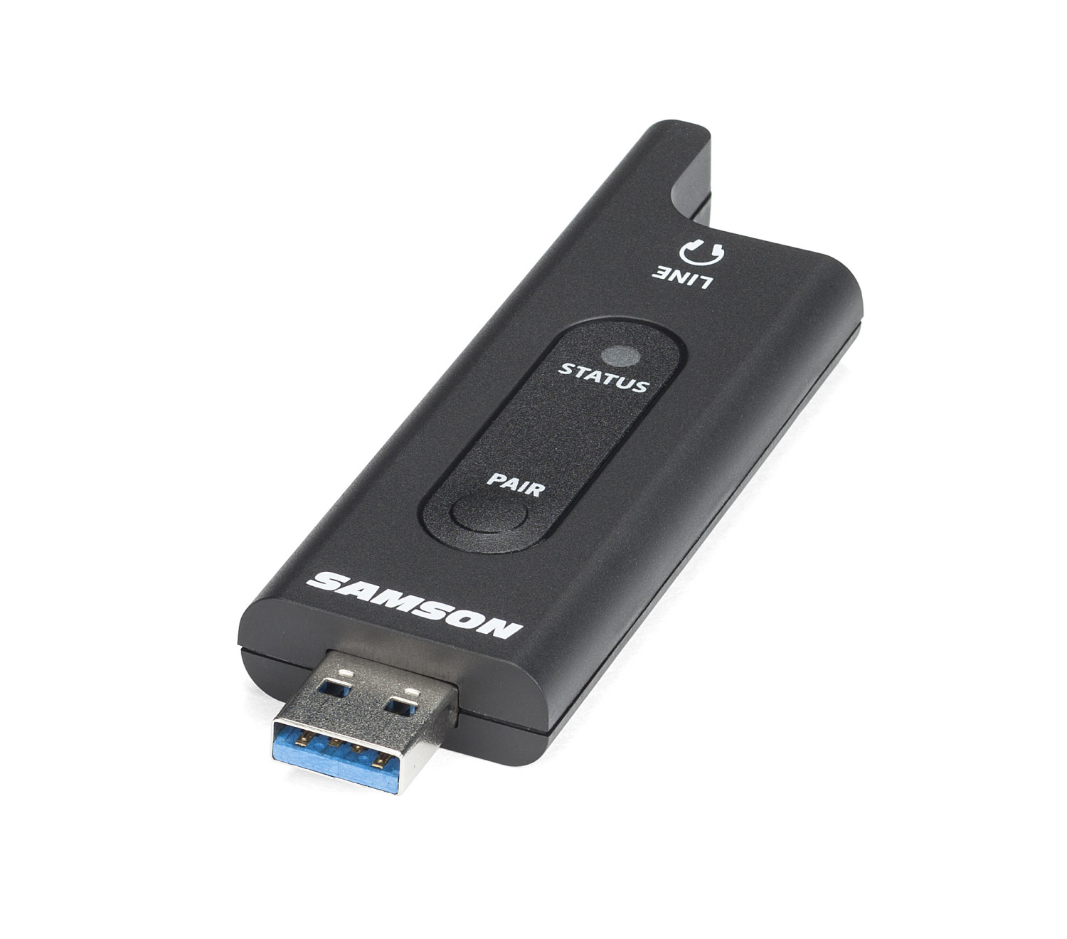 Adattatore USB Samson nero con pulsanti 'Status' e 'Pair' e connettore USB 3.0.