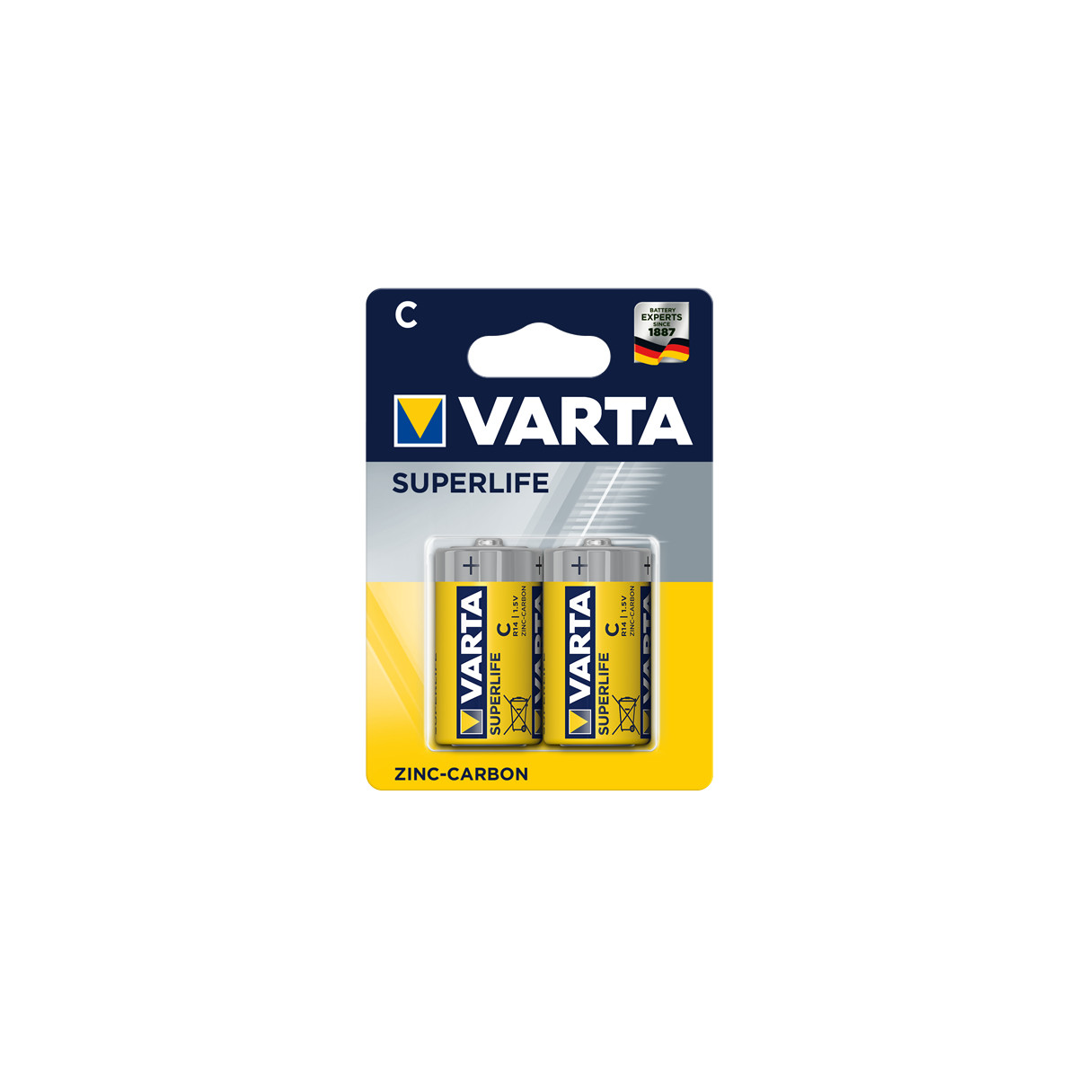 Zwei Varta Superlife C-Zink-Kohle-Batterien in gelber Verpackung.