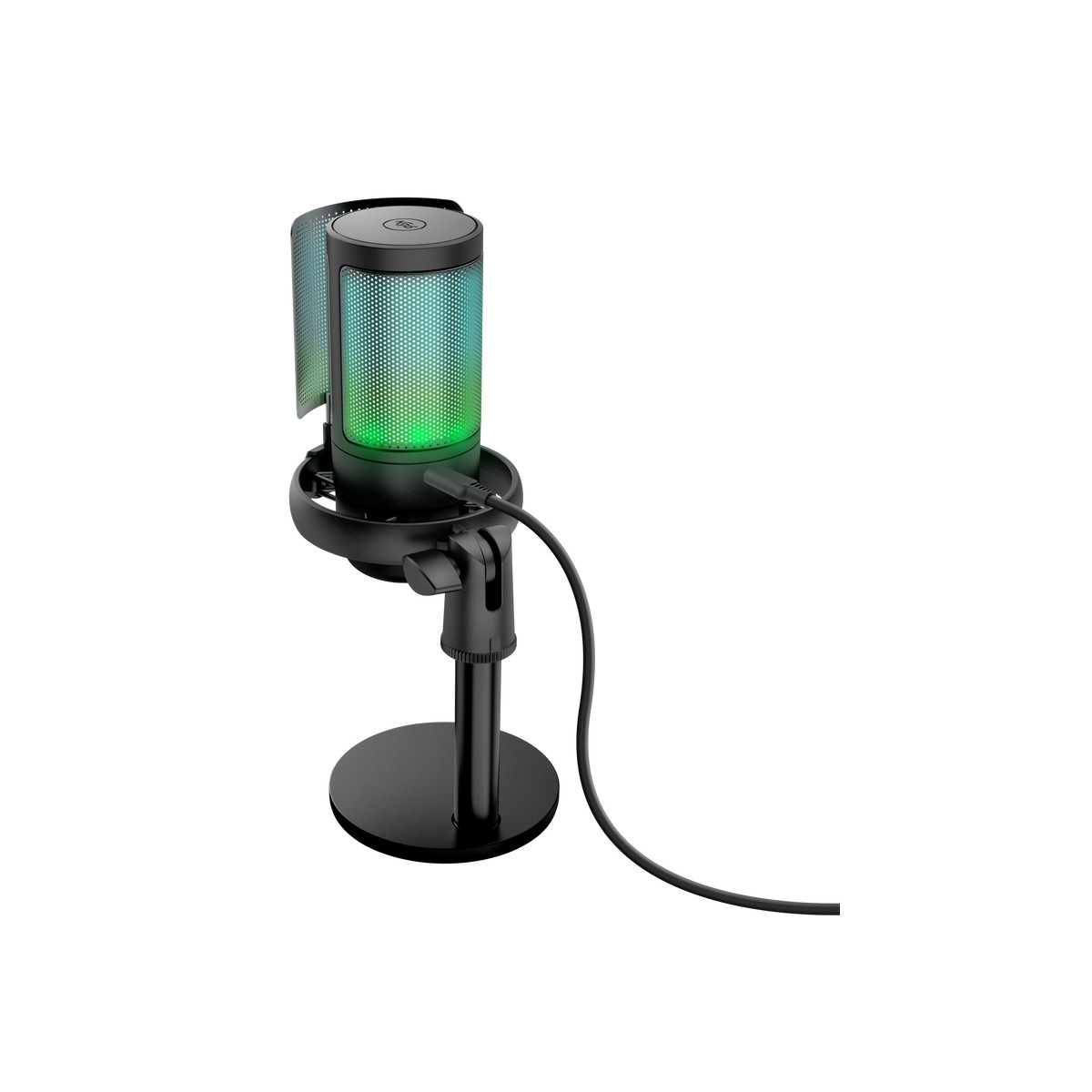 Un microphone noir avec éclairage RVB sur un support.