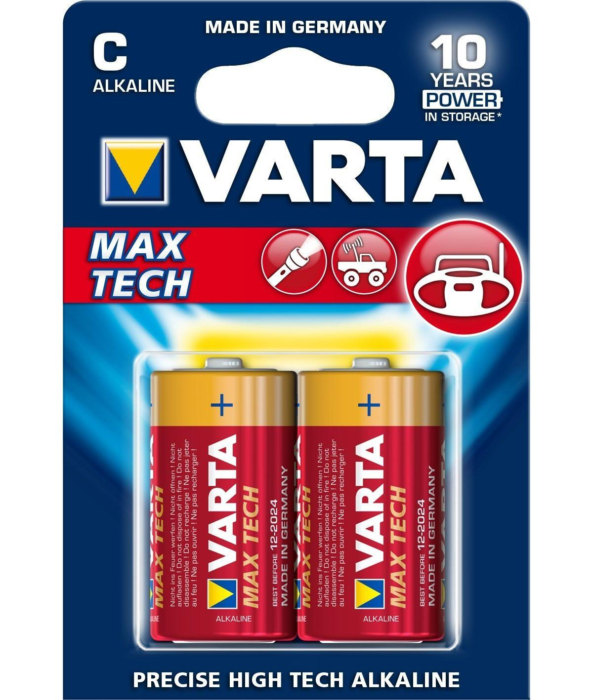 Zwei C-Alkaline-Batterien von Varta Max Tech, hergestellt in Deutschland.