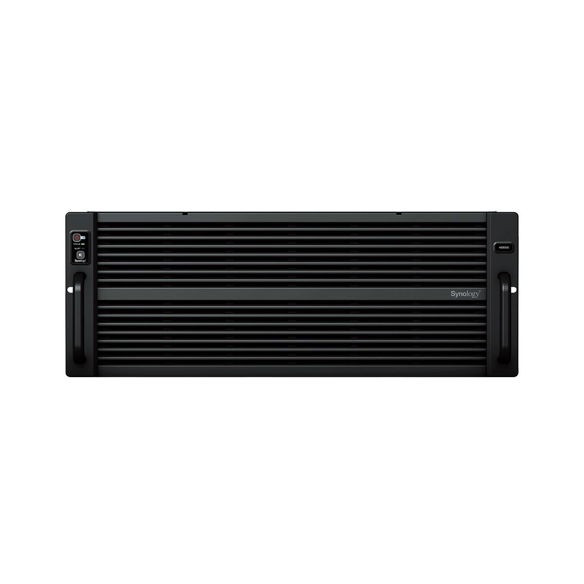 Sistema di storage Synology rackmount nero con fessure di ventilazione e maniglie.