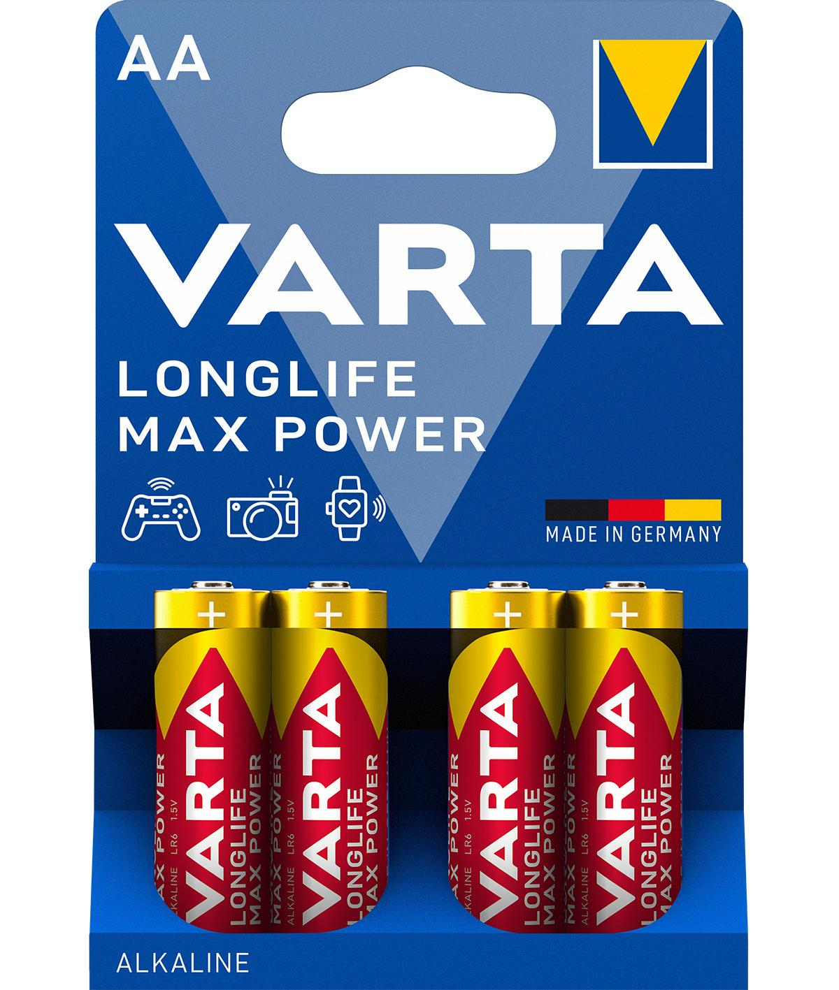 Piles Varta AA, longue durée, puissance maximale, pack de 4.