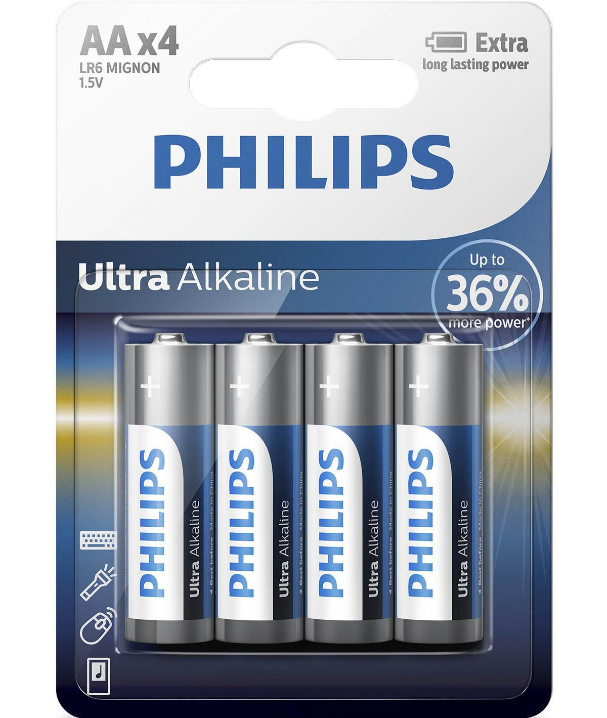 Vier Philips Ultra Alkaline AA batterijen verpakt met "Extra lange levensduur".