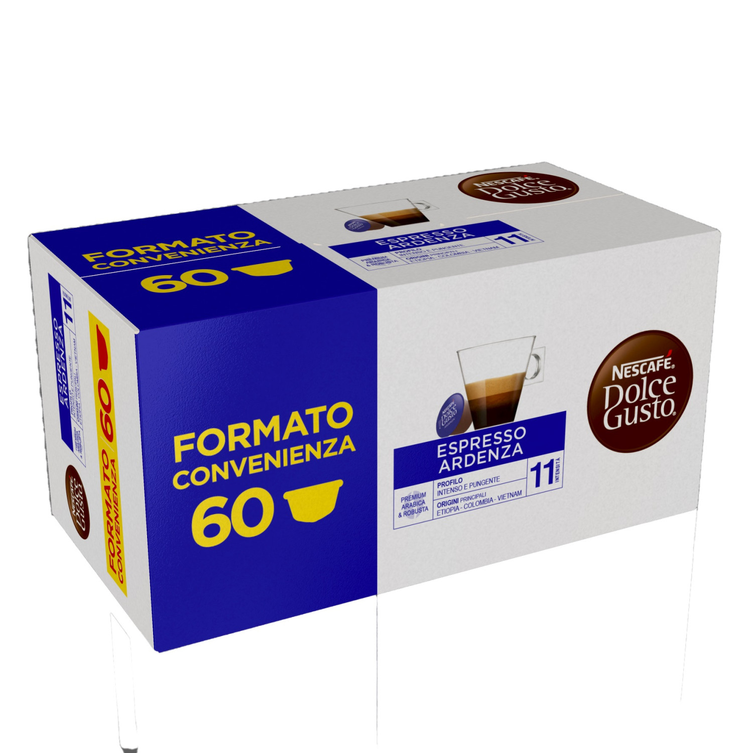 Confezione da 60 capsule Nescafé Dolce Gusto Espresso Ardentza, blu e bianche.
