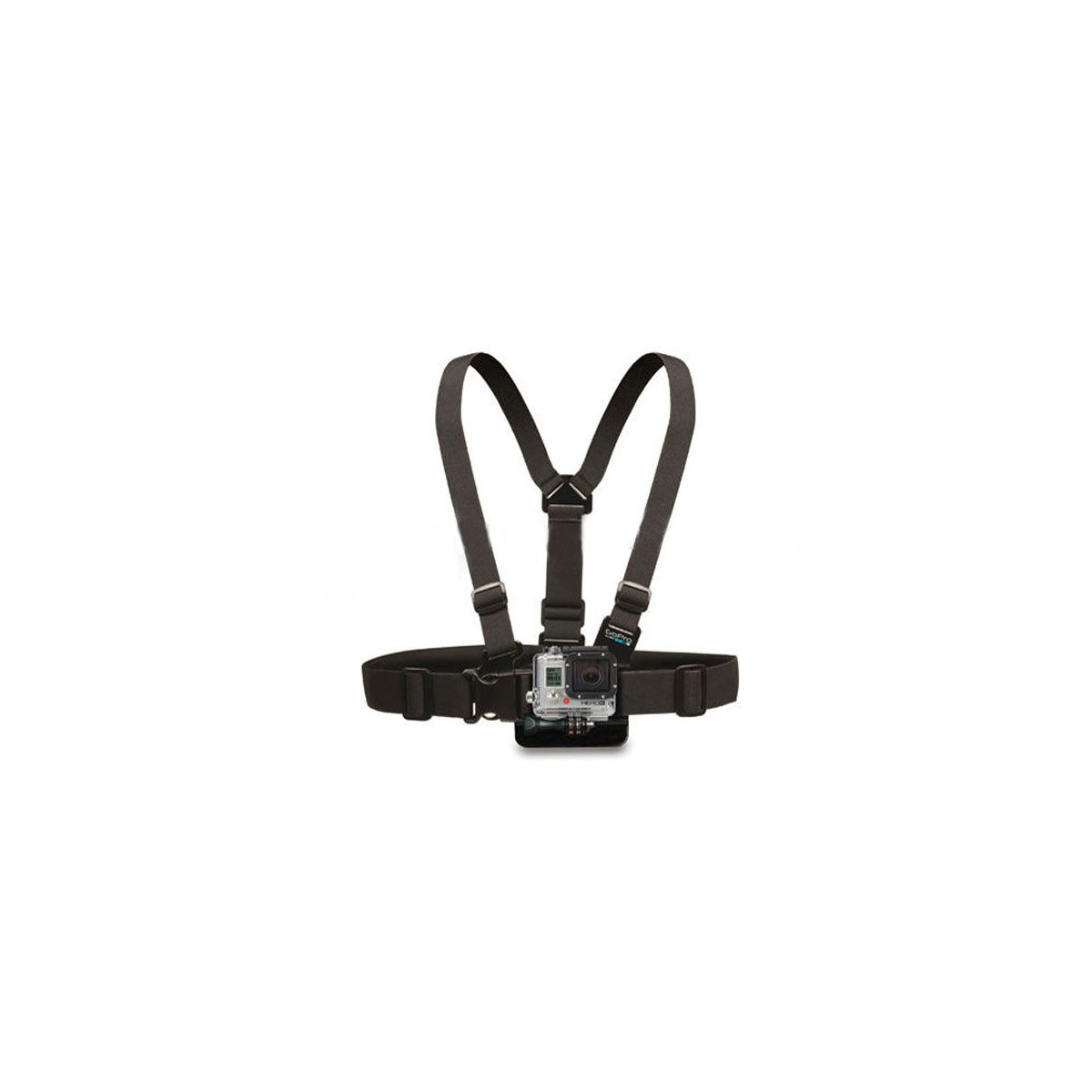 Imbracatura pettorale nera con fotocamera GoPro per riprese in prima persona.