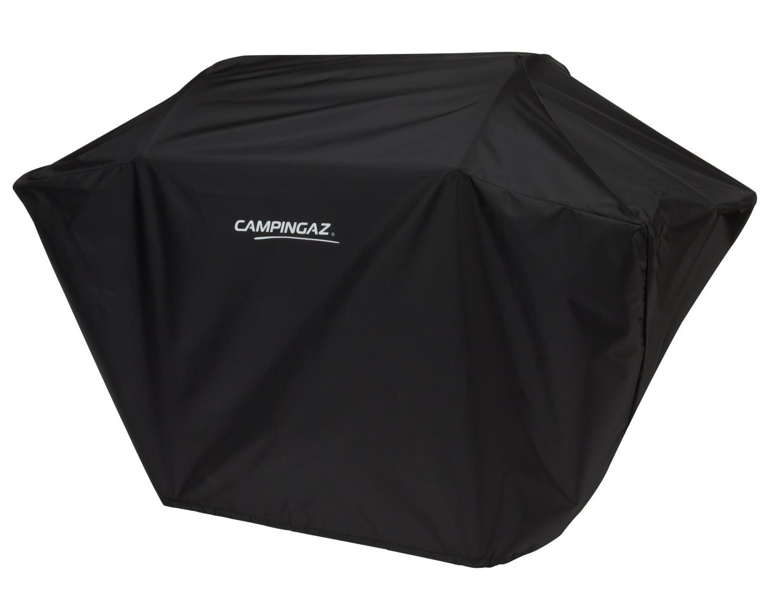 Schwarzer Grillabdeckung mit Campingaz-Logo, auf weißem Hintergrund.