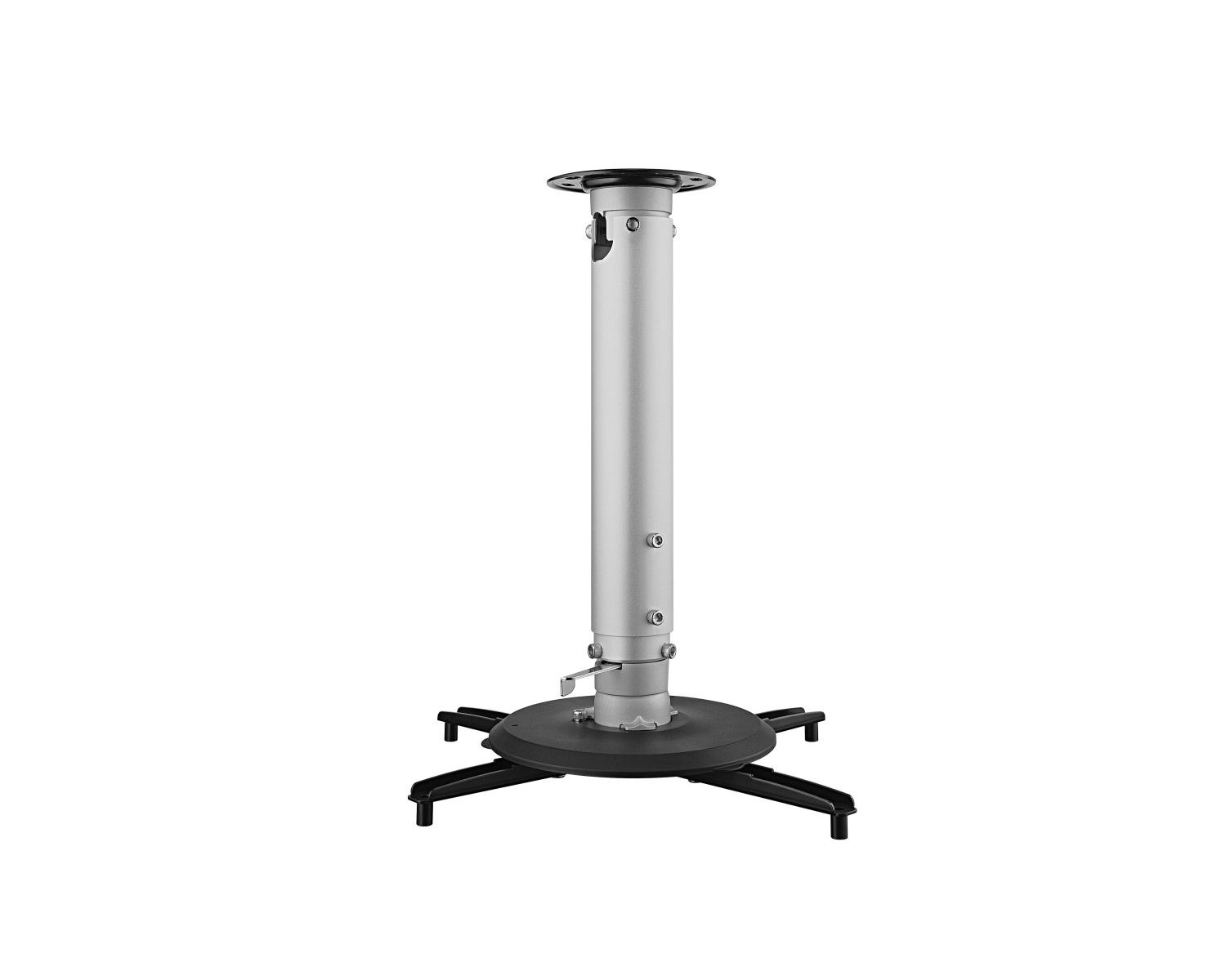 Un supporto da soffitto argentato per proiettore con base e bracci neri.