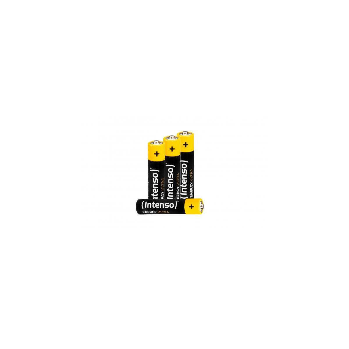 Trois piles AA Intenso Energy Ultra jaunes et noires sont debout, une est couchée devant.