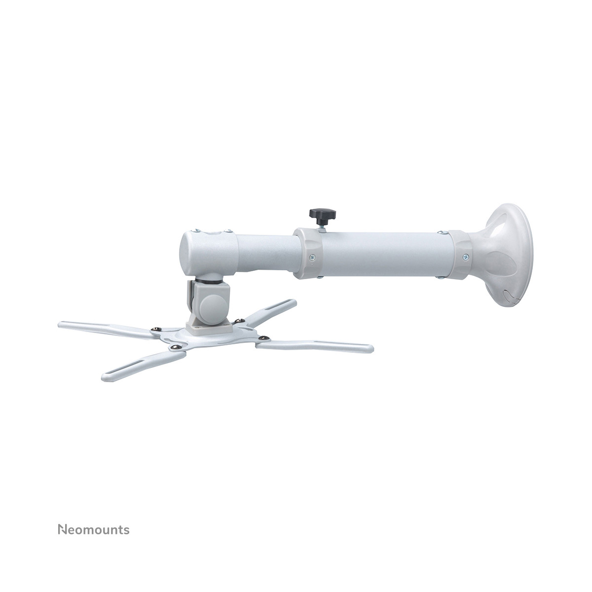 A white ceiling mount for a projector with an adjustable arm.
