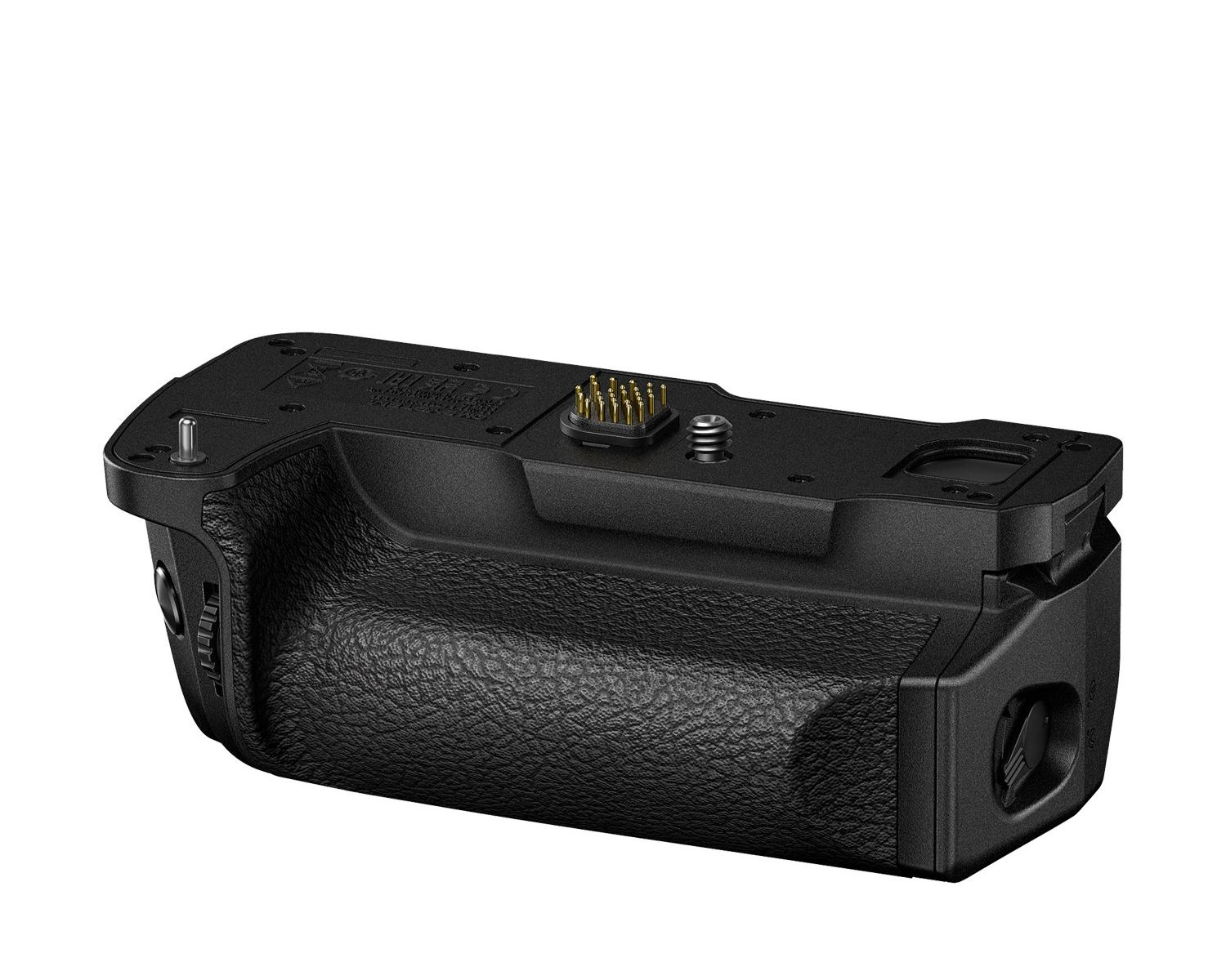 Black camera grip with connectors and textured surface.