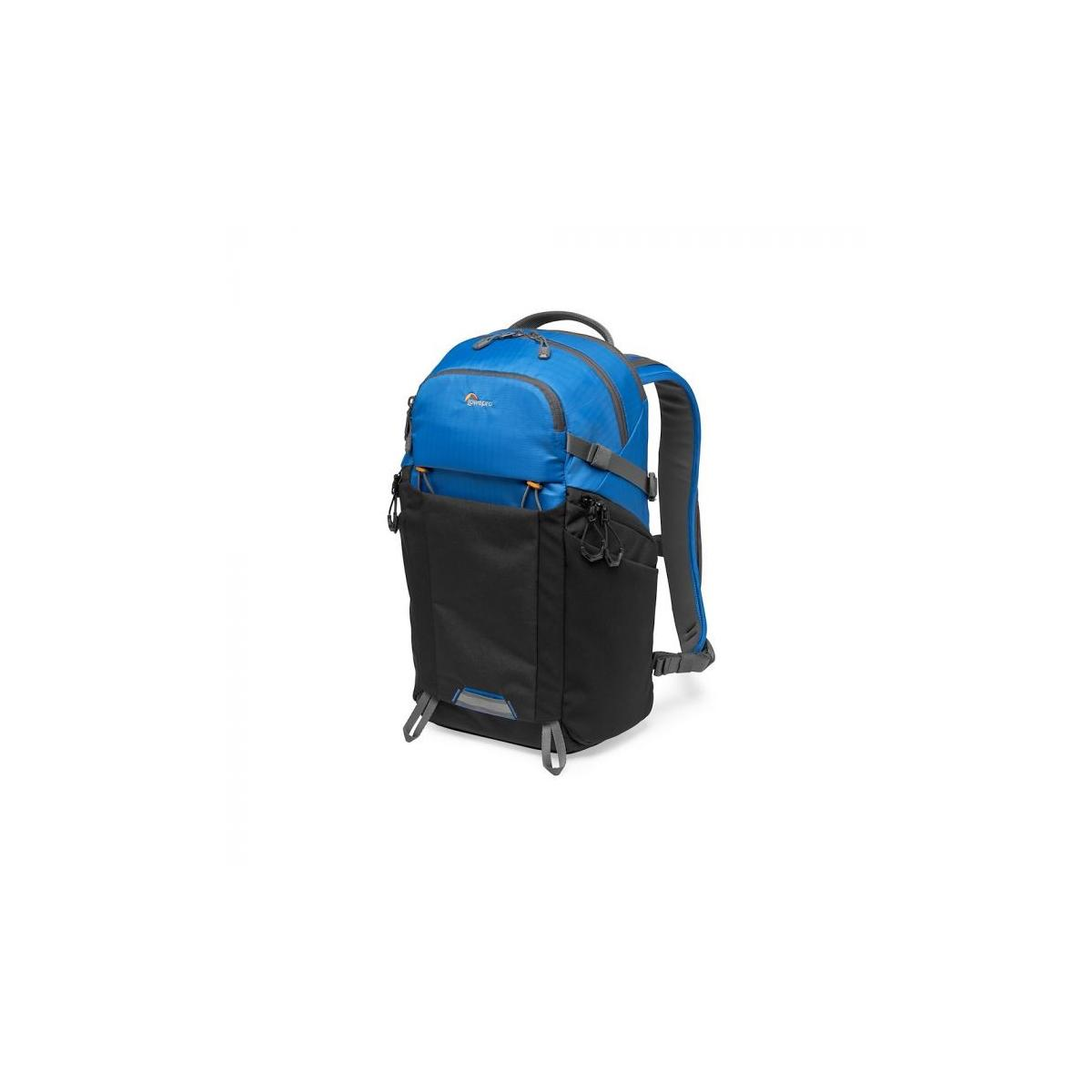 Ein blauer und schwarzer Rucksack mit grauen Gurten und Reißverschlüssen.