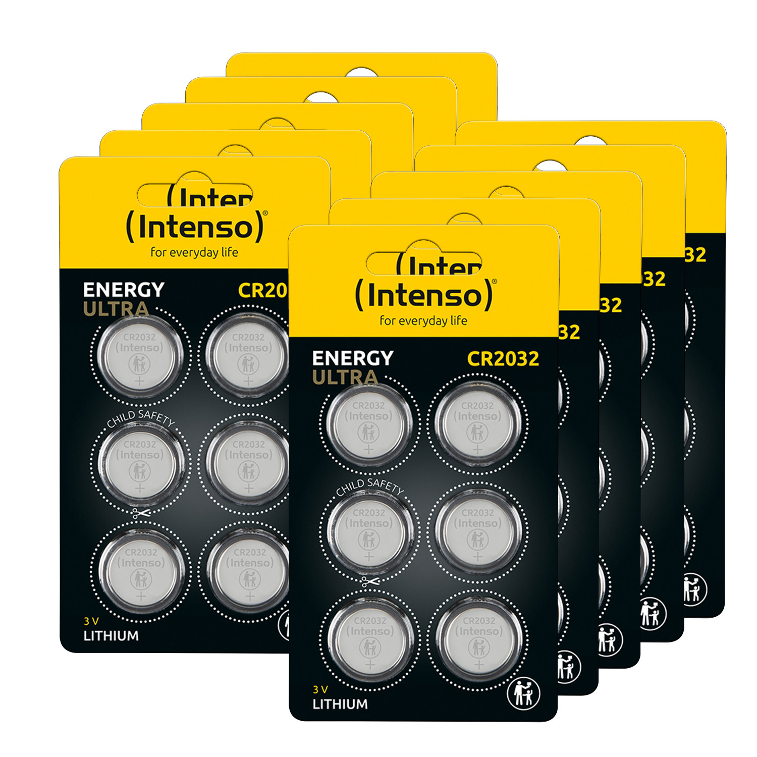 Mehrere Packungen mit Intenso CR2032 Lithium-Knopfzellenbatterien.