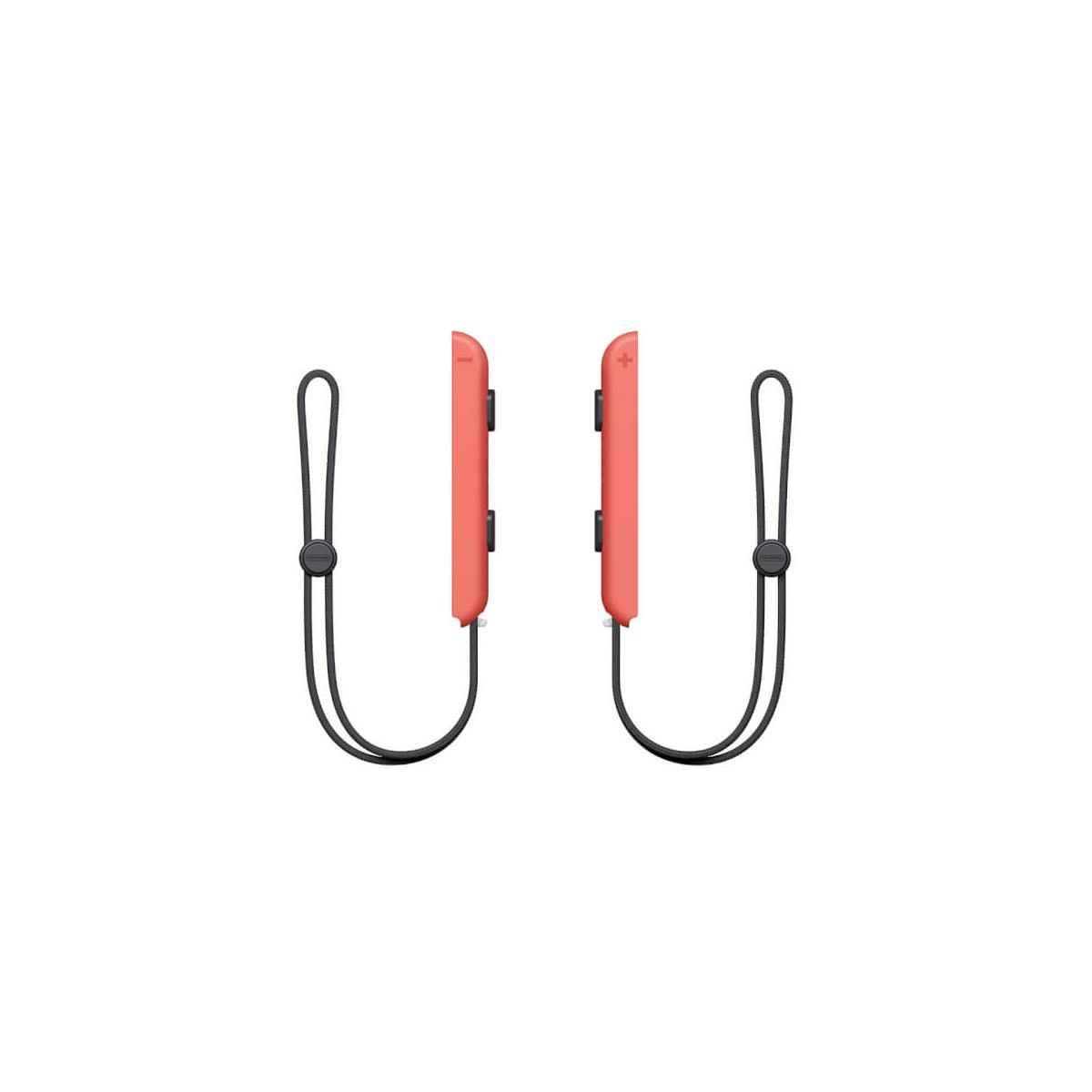 Due controller Joy-Con Nintendo Switch rosso corallo con cinturini neri.