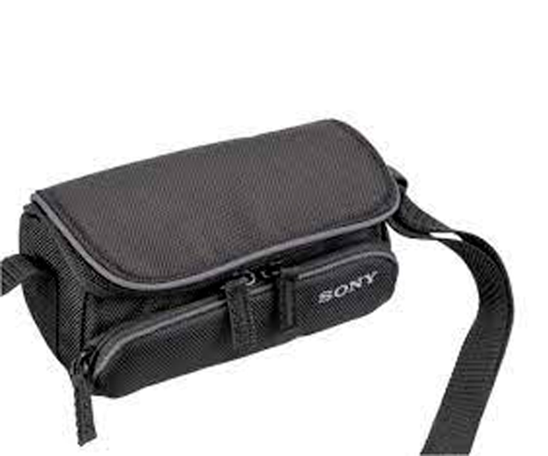 Eine schwarze Sony Kameratasche mit Schultergurt und Fronttasche.