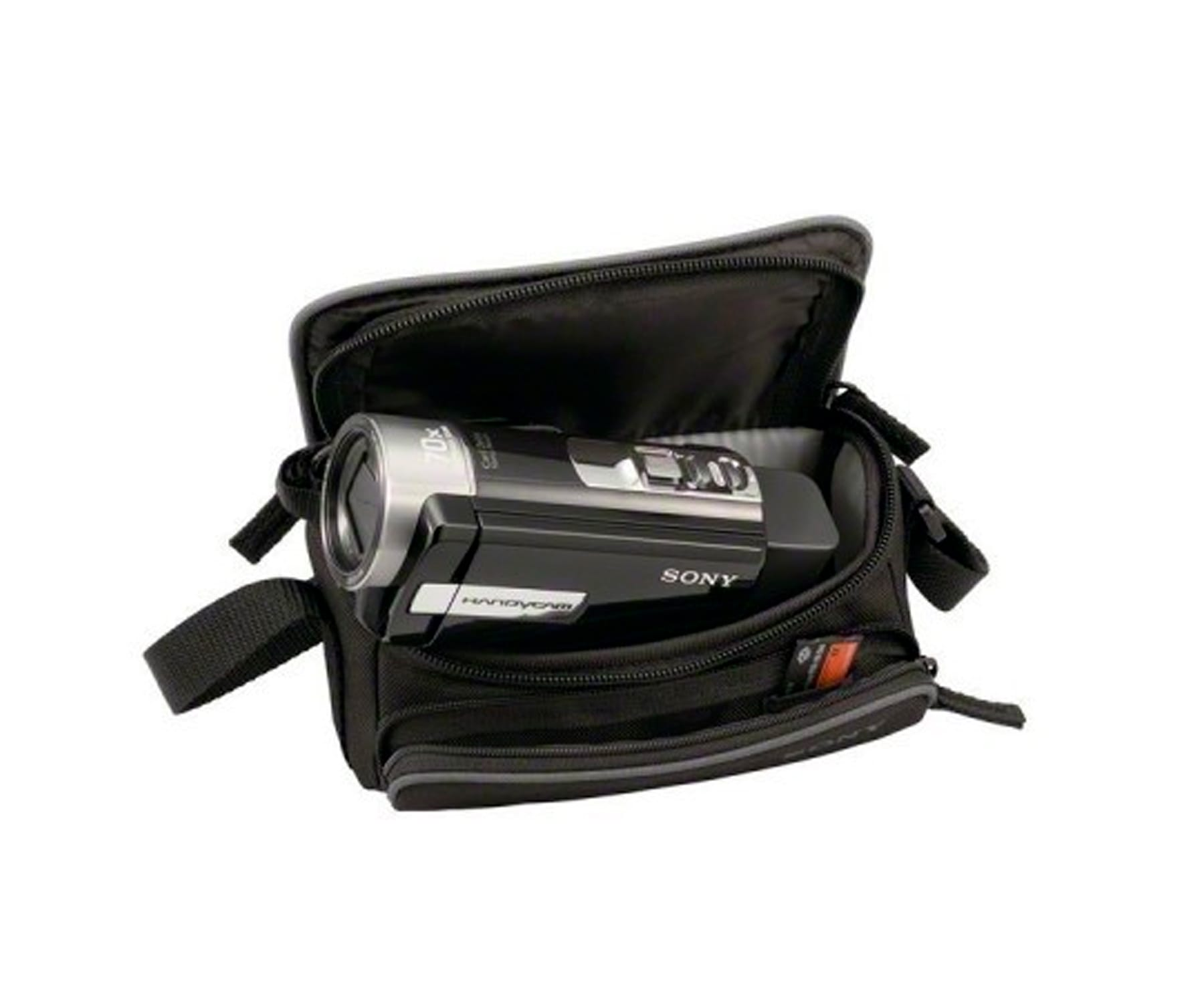 Ein schwarzer Kameratasche mit einem Sony Camcorder darin.