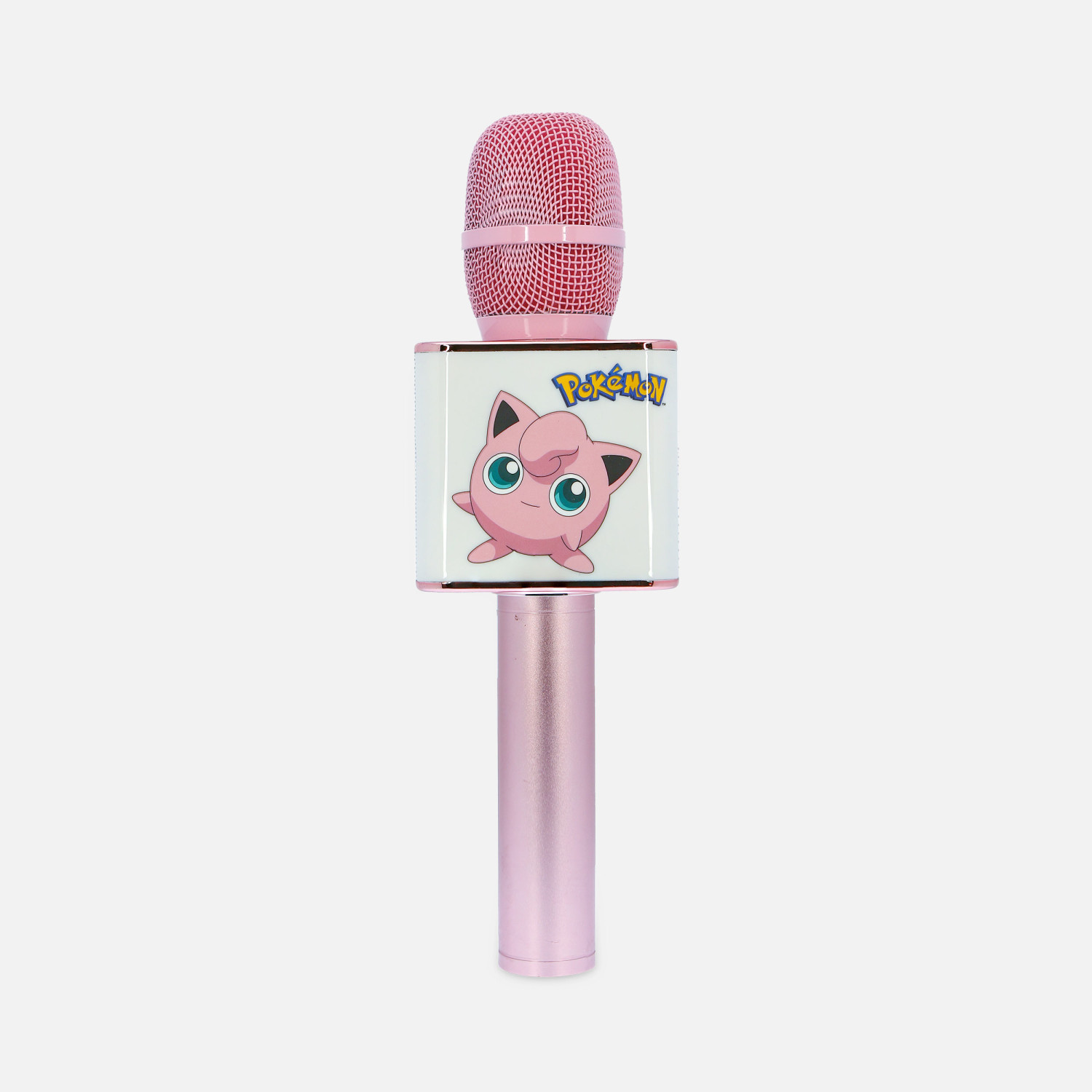 Un microfono rosa con design Jigglypuff dei Pokémon e testina in rete rosa.