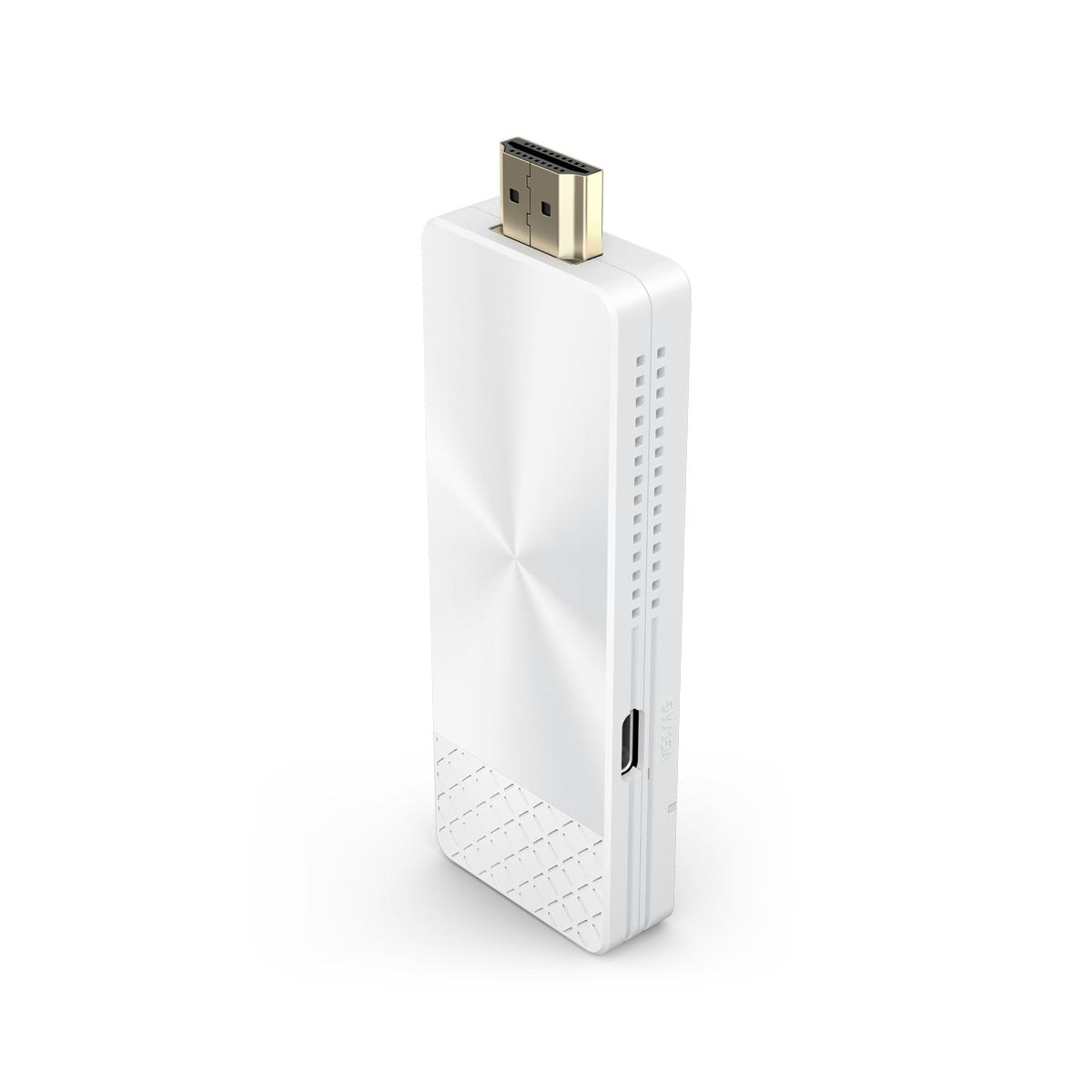 Altın konektörlü ve havalandırma delikli beyaz HDMI dongle.