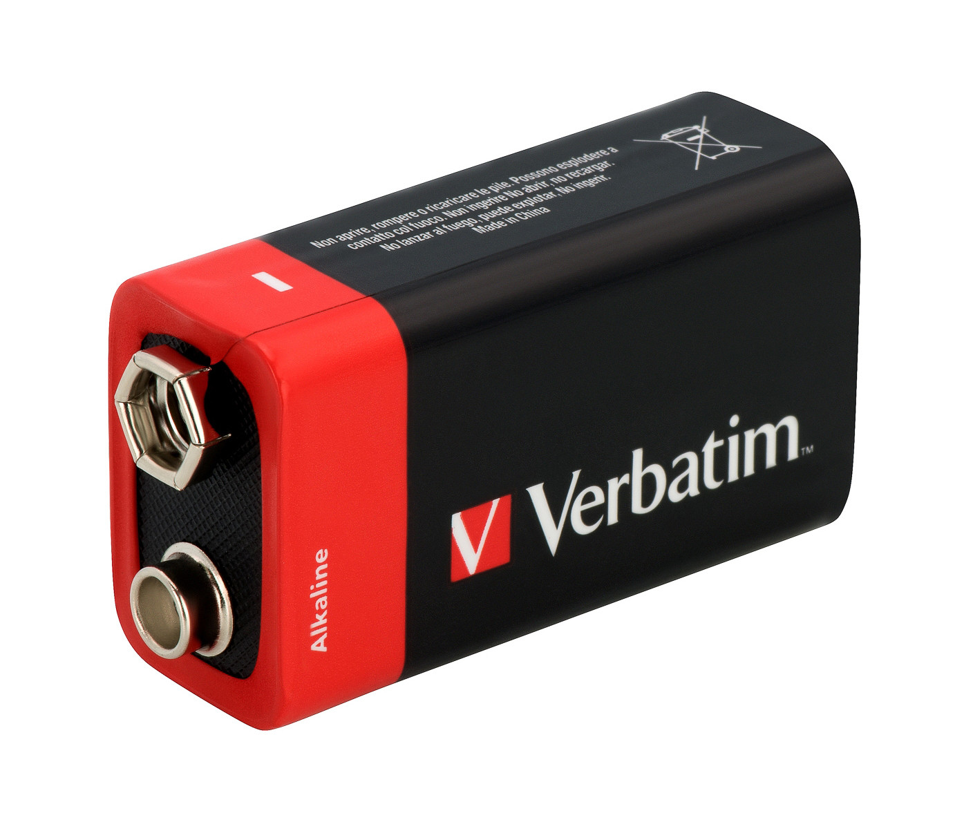 Una batteria 9V nera con terminale rosso e logo Verbatim.