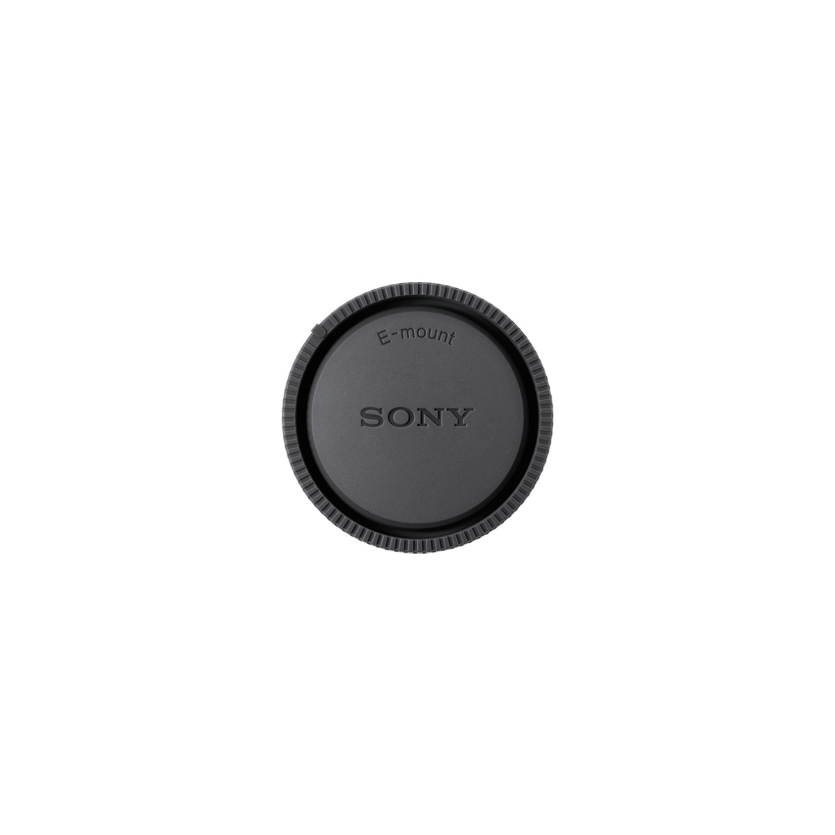 Tappo obiettivo Sony E-mount nero con bordo scanalato.