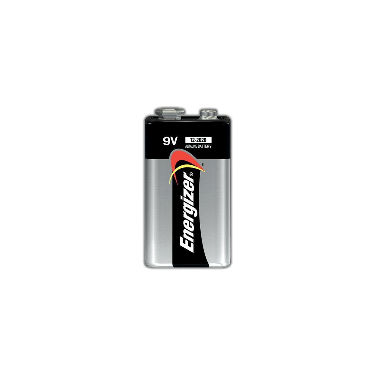 Srebrna bateria alkaliczna Energizer 9V z czarną górą i czerwonym logo.