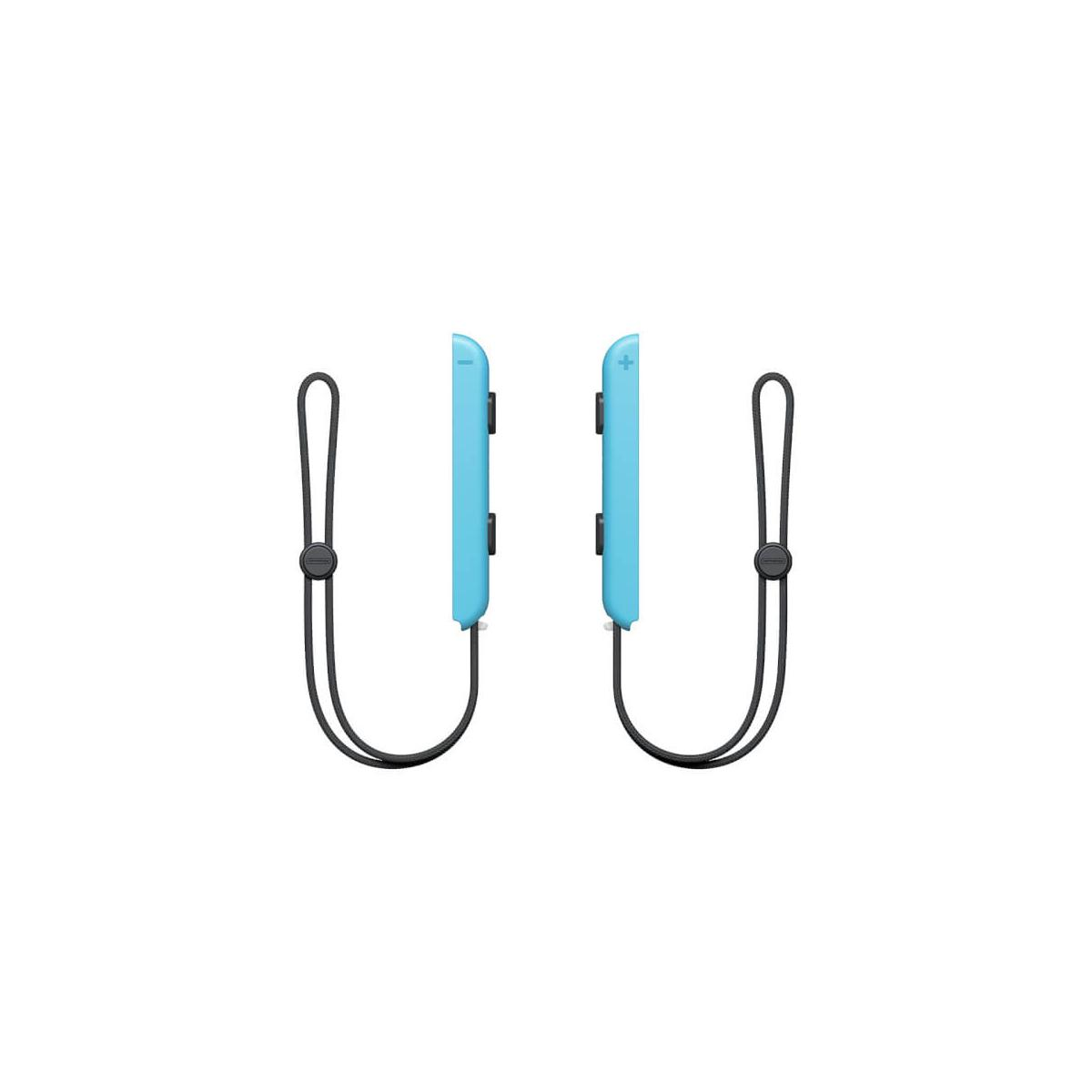 Due controller Joy-Con Nintendo Switch azzurri con laccetti neri.