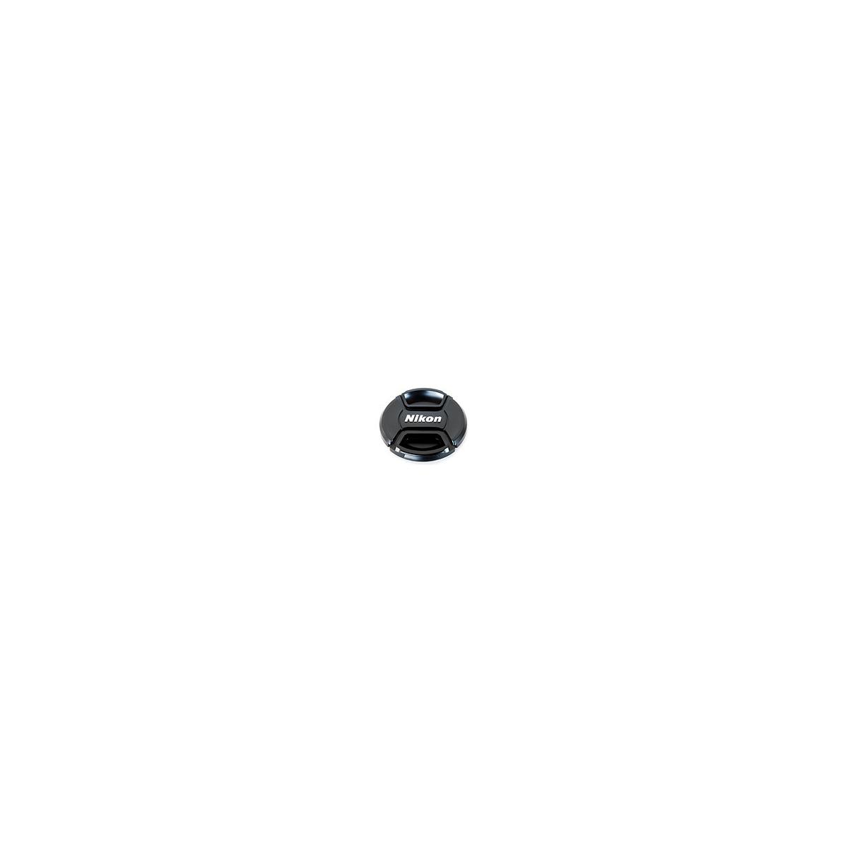 Schwarzer Nikon Objektivdeckel mit Logo, isoliert auf weißem Hintergrund.