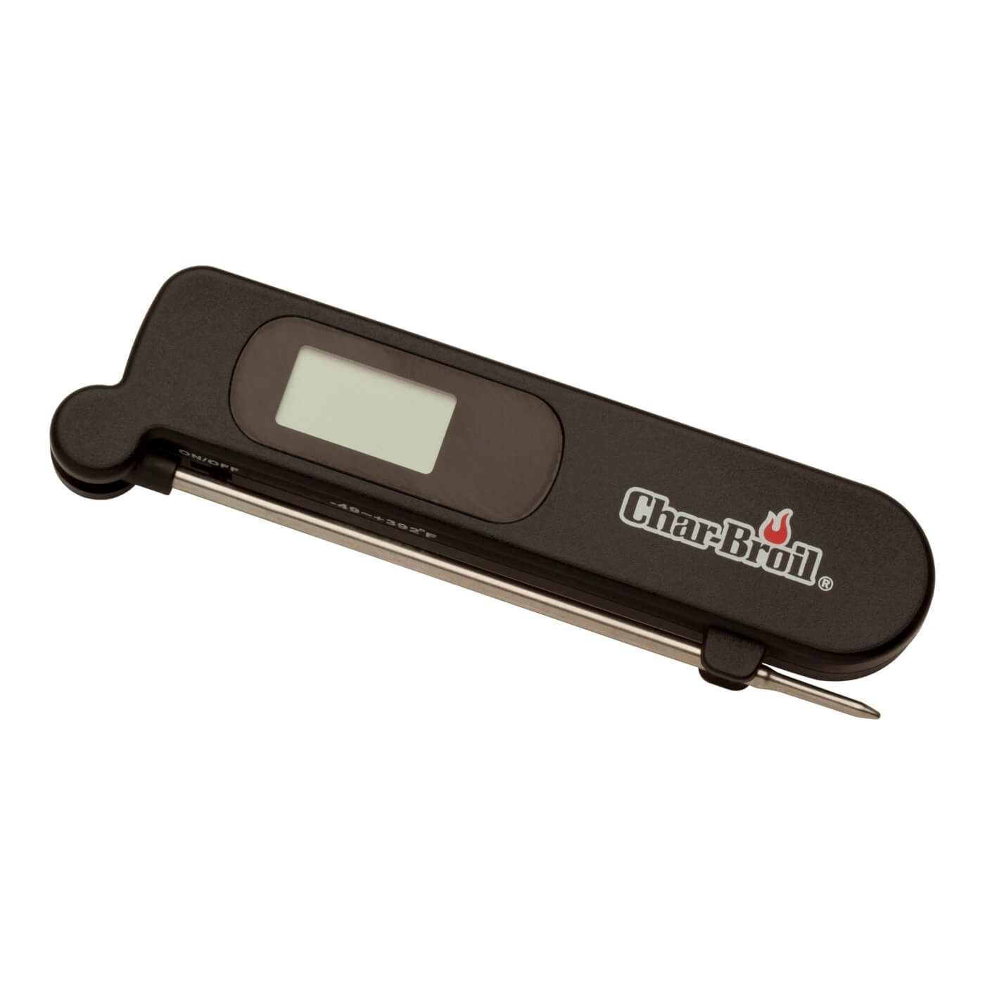 Schwarzer digitaler Fleischthermometer mit silberner Sonde und Char-Broil-Logo.