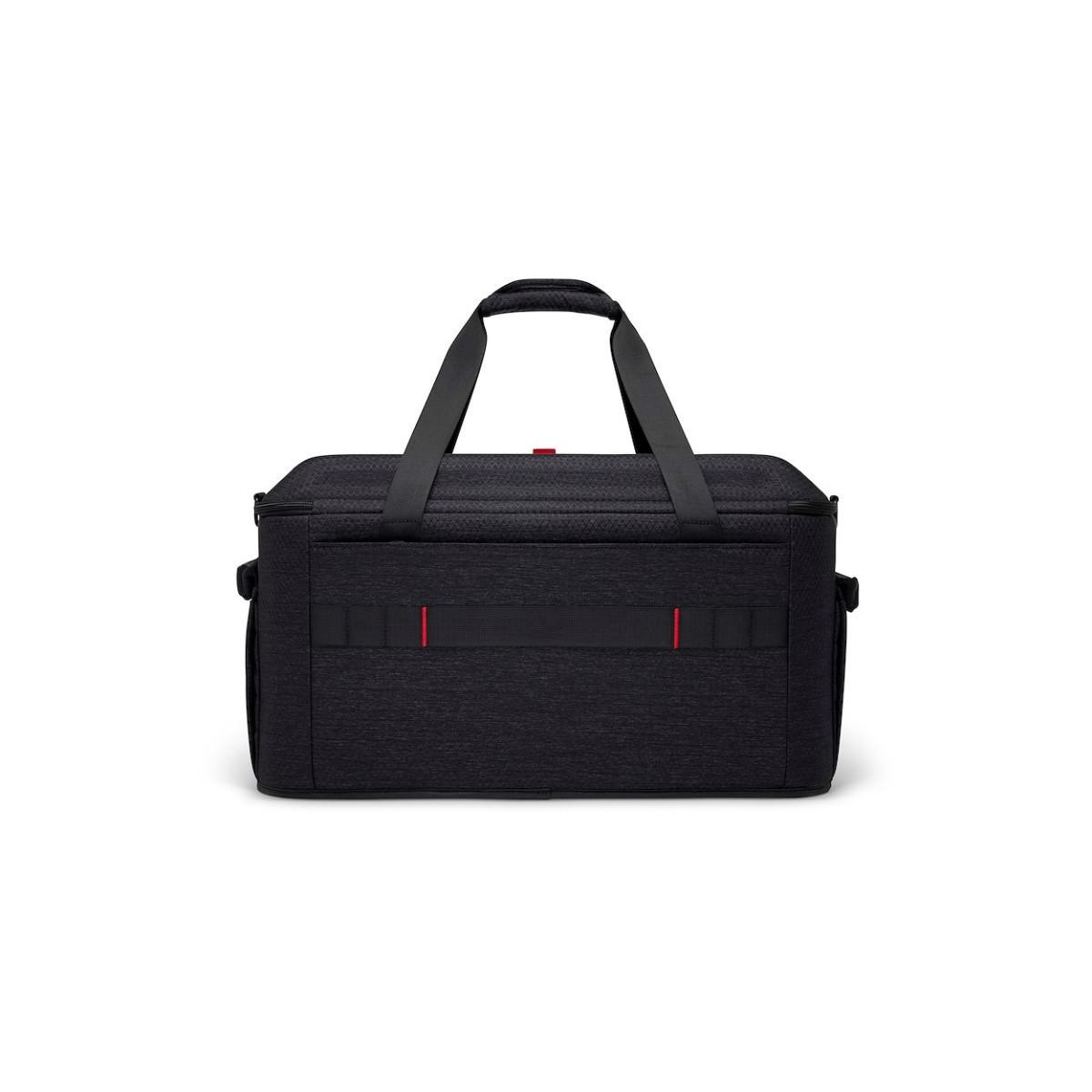 Borsa termica nera con due manici e accenti rossi. Su sfondo bianco.
