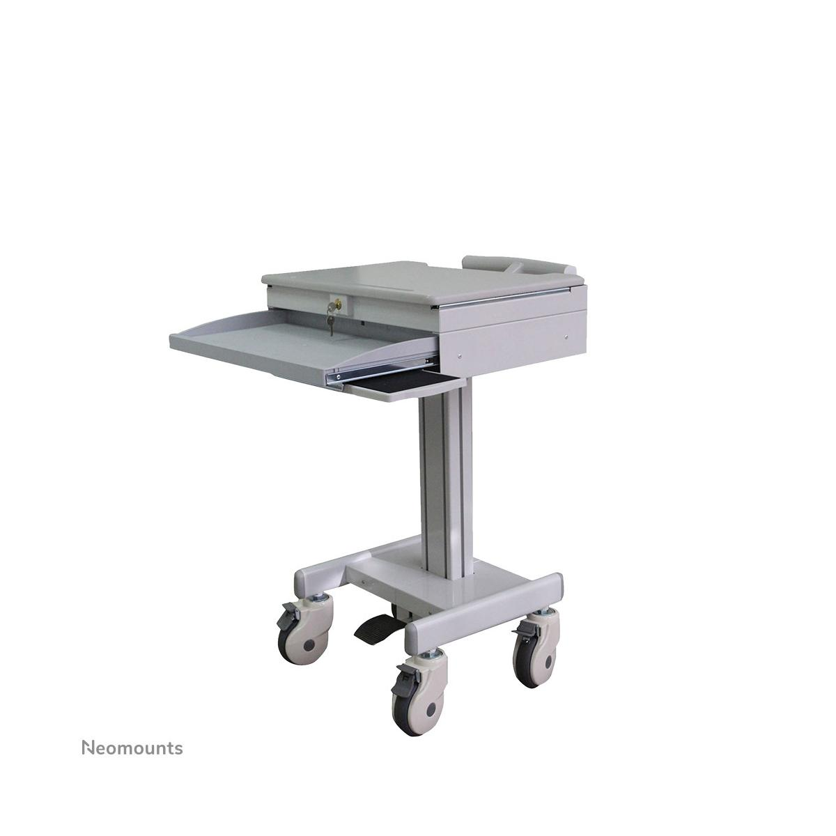 A gray medical cart with a pull-out tray and wheels.